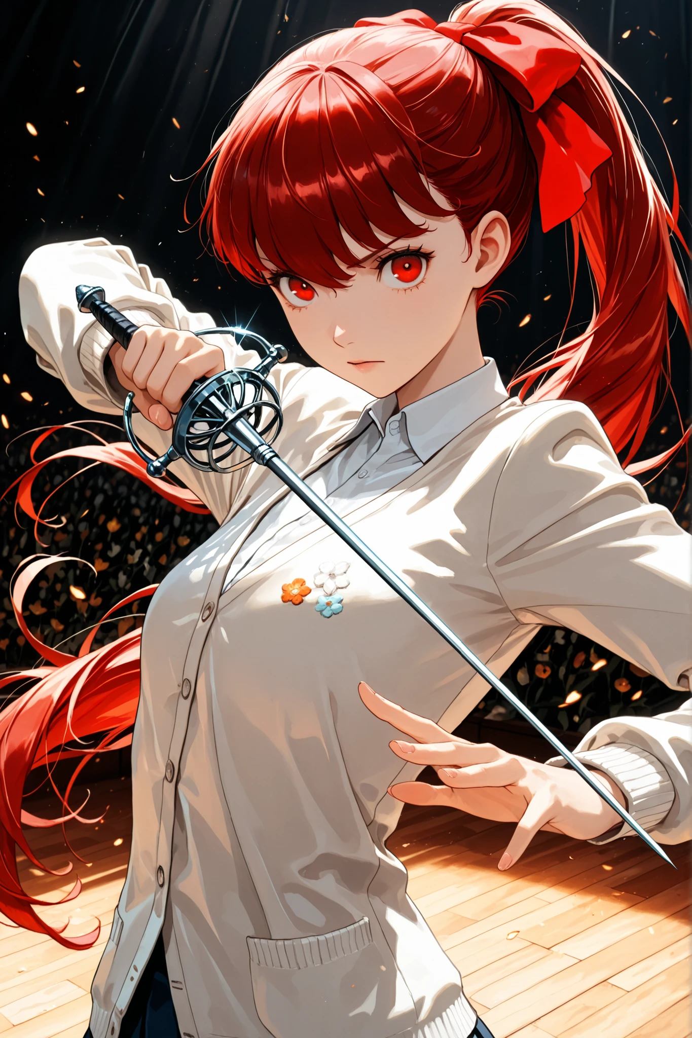masterpiece,Rich color  ,slender:1.2,cinematic lighting,1girl,throw,rapier,dynamic pose,school uniform:1.3, red ribbon tie:1.2,medium chest, Red Eyes, red hair, high ponytail,red hair bow:1.7,serious expression,naval school cardigan,masterpiece, 最High Quality, High Quality, very aesthetic, Ultra High Resolution, Newest, Slender With SMG:1.7,((random background:1.3)),((((low contrast:1.5))),natural light:1.6,Pierce:1.4,(White and light blue and orange flower embroidery:1.3)