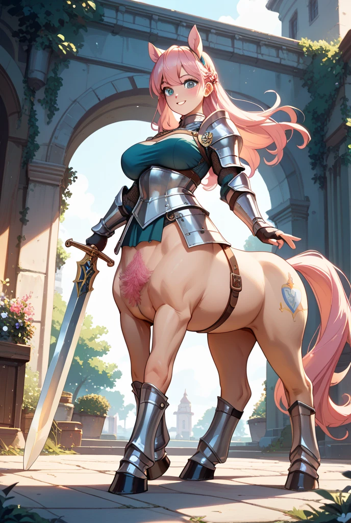 ((Masterpiece, 8k, High quality)), (adult female), (orange eyes), (((long brown hair))), ((Squirrel ears)), ((Medium bust, hips wide open)), ((wearing white stockings)), (((Wearing silver armor))), ((blue skirt)), ((eyes wide open, smile a little)), ((single woman)), body lines are very เพศy, Crotch wide open, The pointed shape is clearly visible., Can see areola, The pubic area is clearly visible., Crotch wide open, Wet and stuck underwear
