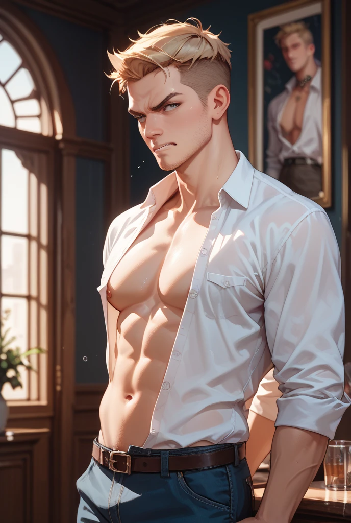 (absurderes, A high resolution, Ultra detailed, hdr), Masterpiece, Best quality, Portrait of a boy, Handsome boy with red eyes, Detailed face, Professional photo, The Alafed man is shirtless, Leaning comfortably，legs are open, (puffynipple(From below:1.1)), Focus on your audience,18 year old boy, Handsome boy, [ Firmly defined body ]，Burgundy shirt open，Abs，chest muscle，short white pants，large bulge，white shoe，wardrobe，