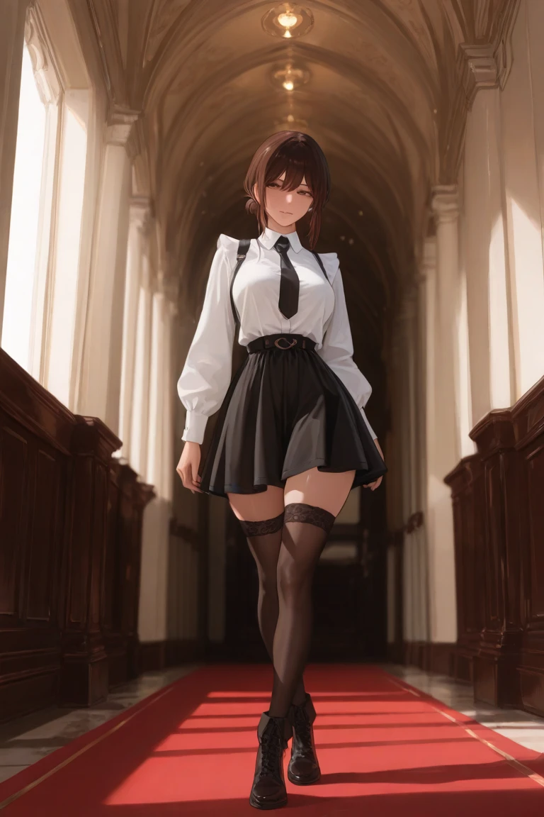 8K UHD, Digital SLR, Soft lighting, High quality, ((best quality)) ((best quality)), ((masterpiece)), (detailed), 4k image, anime style, beautiful teenage anime girl, black A-line pleated skirt, white formal shirt, fair caramel brown skin, symmetrical face, plump lips, blood red sanguine eyes, African looks, small breasts, toned thin slender body, small narrow waist, short height, waist length pixie cut hair, sleek dark red hair, small curvy hips, phoenix eyes, small nose, European style , white sheer thigh-high stockings, low-top boots