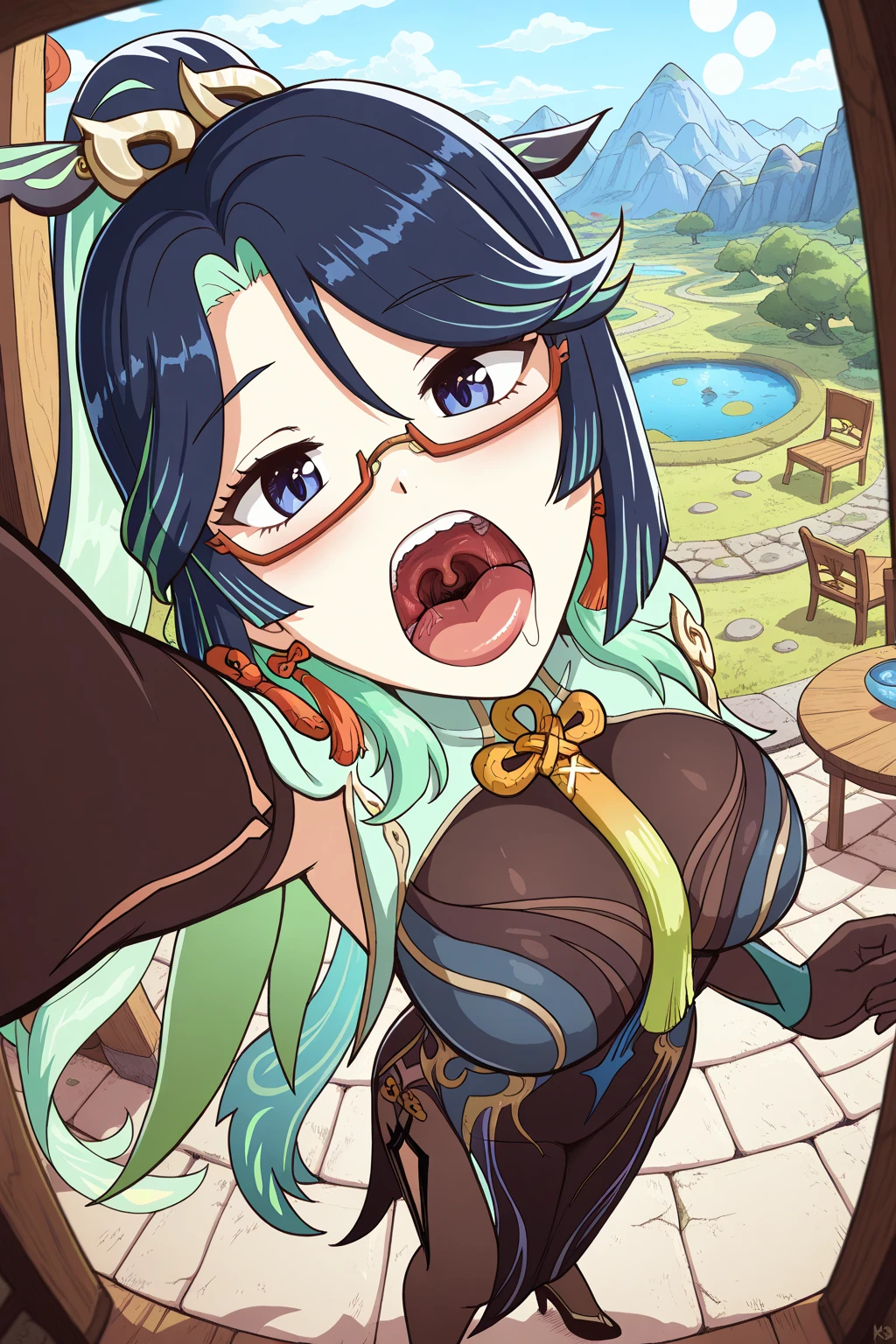 masterpiece, best quality, hentai goddess in glasses gives the kage the biggest ass fuck, 1girl, hetero, 1boy, breasts, penis, gloves, glasses, cum, black hair, large breasts, one eye closed, paizuri, black gloves, elbow gloves, , green hair, mosaic censoring, multicolored hair, semi-rimless eyewear, blush, sweat, semen overflow