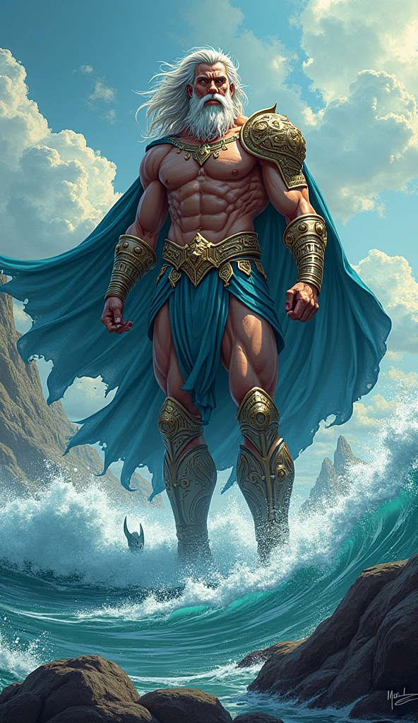 Poseidon Knife,a Greek man god with brown hair and beard with some white hair, carrying a trident, he will be tall,stark,with muscles so thick and enormous that they are about to leave the body,virile and very masculine wearing ancient Greek costumes and leaving his chest and abdomen exposed,he kisses the goddess Gaia with great lust,a Greek woman goddess with orange blonde curly hair,beautiful face and body,wearing sensual blue and green Greco Roman costumes that would leave her body semi-nude,she will have slightly darker skin and huge breasts, she would also use a blue cape that Poseidon would be subtly removing,the scene would take place in a forest with Greco Roman architecture ,the couple would be kissing and Posseidon would be squeezing Gaia&#39;s buttocks  
