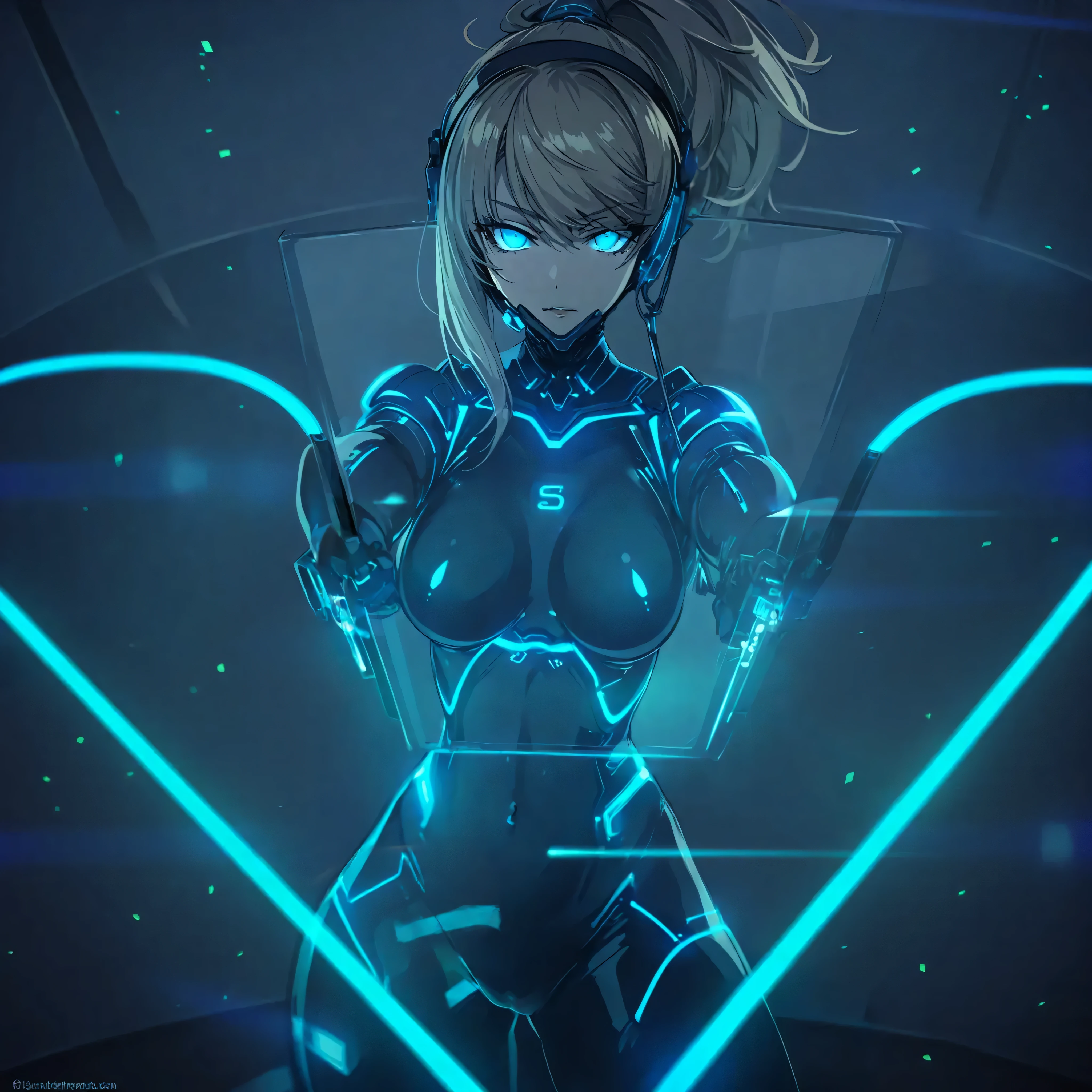 girl, Light blue eyes, Glowing Eyes, Wicked Smile, student, cyborg, cyber punk, whole body, masterpiece, short hair,