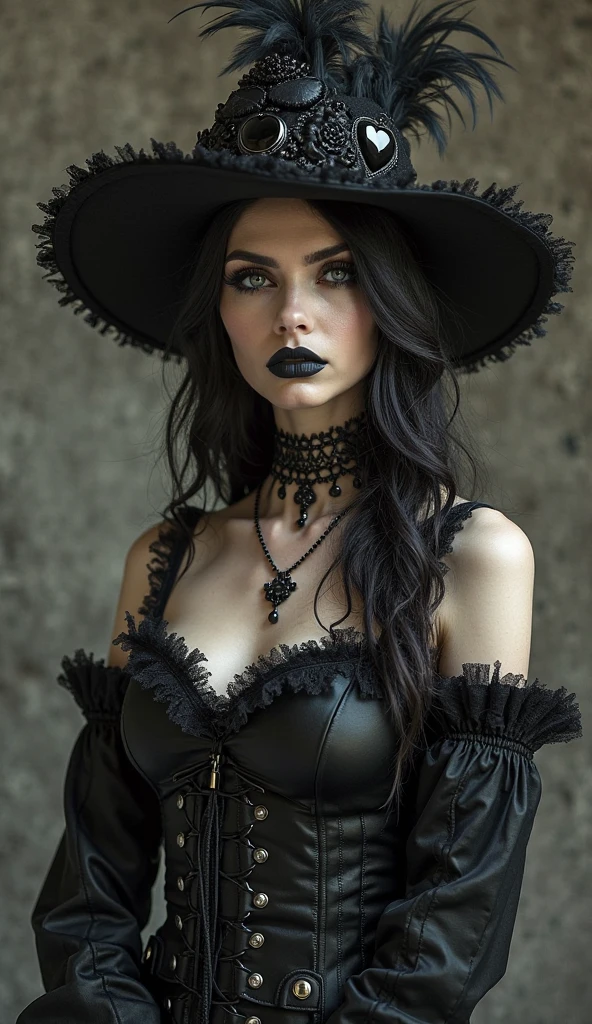 Lady Dimitrescu cosplay, goth, Extreme skin detail, photorealistic, realistic, Extreme realism, Bright camera flash, full body aesthetic photo of a 40 year old cute curvy pale white pale skin Russian woman with veiny breast, (Stretch marks:1.2), (Wearing old style corset revealing massive cleavage:1.2) (tilted Black wide brim hat,:1.2), (Black colored hair:1.2), (Victorian castle room backdrop:1.1), brown lighting, Dirty filter, (Freckles:1.1), Analog, black eyeliner, cherry red lipstick, black eyeshadow, brightness on body, skin blemishes, brightness, Lo-fi, dimly lit, Shiny portrait, graded tone, film grain, photography