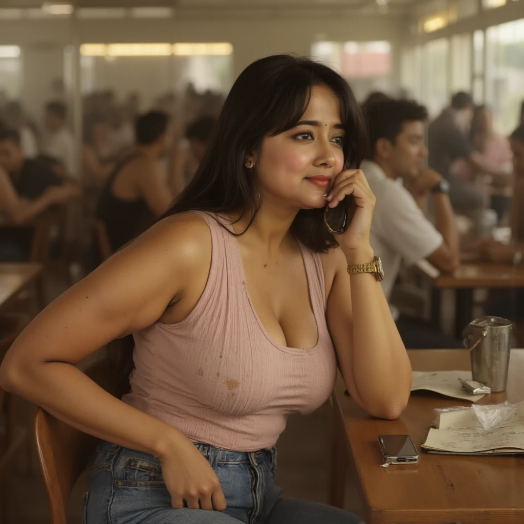 masterpiece,best quality,(photorealistic:1.4),teenage indian girl sitting across the table, sit up straight, dress in cute sundress, big tits, clevage, slightly curvy and chubby, (looking at viewer:1.2), French twist,smile,(from front and above:1.2), (facing viewer:1.2), global illumination, breasts rest on table, upper body, (diffused lighting:1.3), (bright natural lighting:1.2), no harsh shadow on face, inside a restaurant