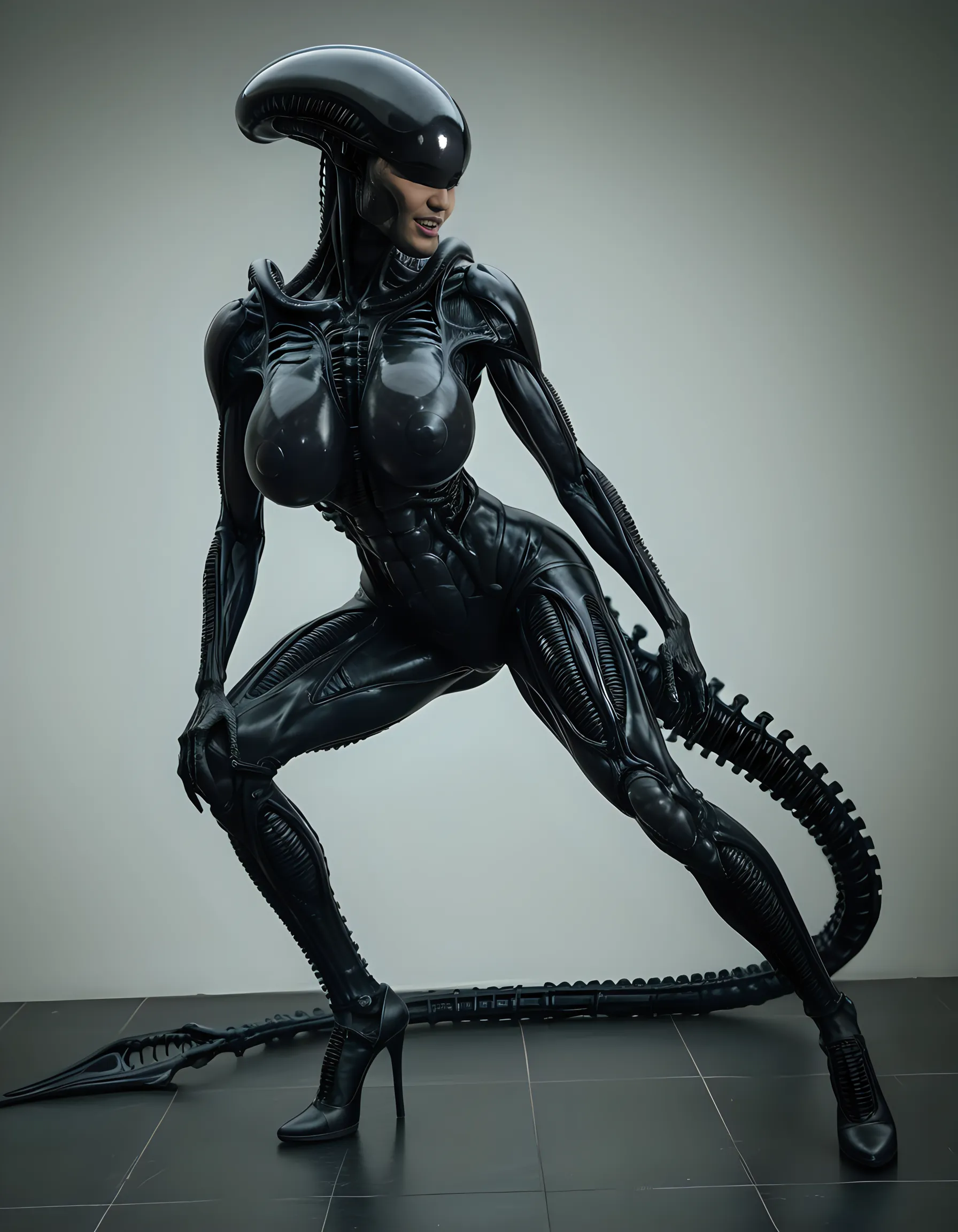 (megan fox:1.25), (draconic alien biomechanical succubus with carnage & witchblade physique:1.25), (megan fox as a muscular alien draconic biomechanical demonic woman with flayed skin, gigantic horns, & necrotic metallic muscle:1.5), (alien biomechanical full bodysuit:1.45), (perfect fingers:1.25), ((wide shoulders & upper body:1.25)), (very skinny legs:1), (huge muscular arms:1.45), (ten pack abs:1.25), (full body view:1.25), choker, detailed eyes, (looking at viewer), (smile:1.25), (blank dark background:1.25), in the art style of H.P. Giger, (beautiful girl face:1.25)