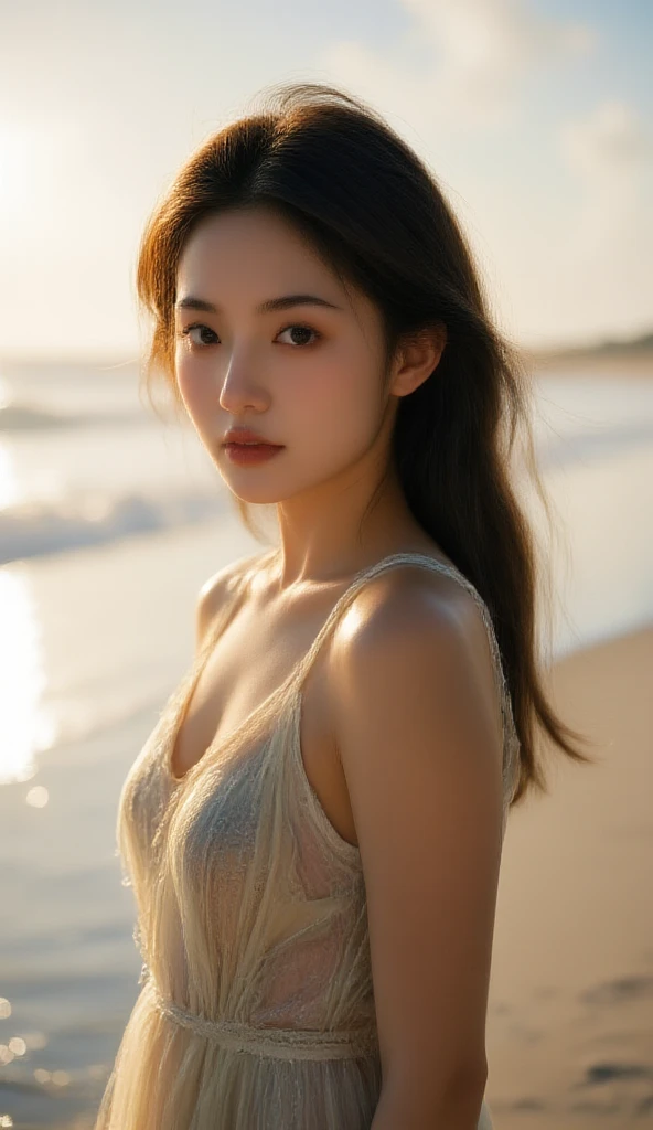Mustepiece, top quality, illustration, ultra-definition, fine details, high resolution, 8K wallpaper, perfect dynamic composition, beautiful detailed eyes, wearing a dress, natural color lips, beach, random cute pose, perfect and beautiful face , cute, sexy face, sunset, feminine face