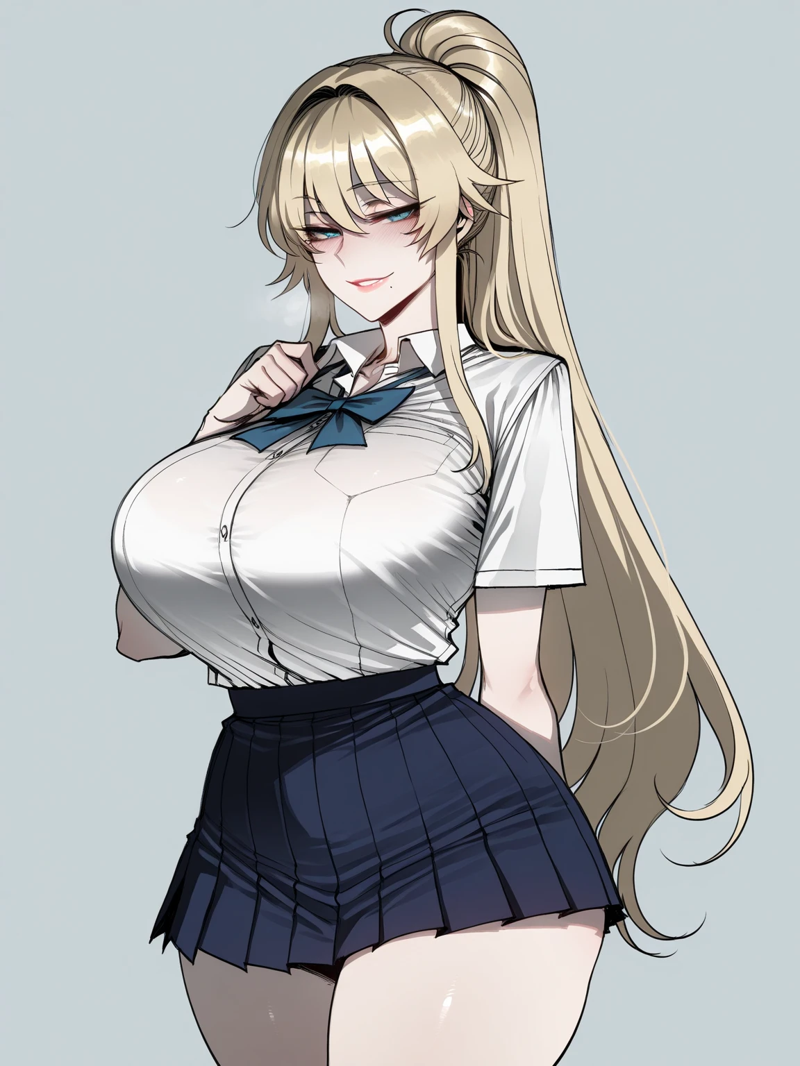 Beauty,Around 20 years old,

((Blonde)),
((漆blackの瞳)),
(Semi-long hair:1.7),
(expression:Puzzled),
Big Breasts,
Cleavage:cover,

((business suit:Waist wrap)),
((Dress shirt:Rolled up sleeves)),
((Slack Pants:No wrinkles)), 
((blackのスカーフ:Striped pattern)),
((Rose headband:black)),
((Equipped with a Japanese sword:blackの鞘:Long sword)),

(Plain background:grey:1.5,ID photo),

4K,
high quality,
Highest quality,
Delicate shades,
Detailed depiction,
Depict the whole,
Facial Contour,
Perfect body structure,
Perfect skeleton,
Perfectly symmetrical eyes,