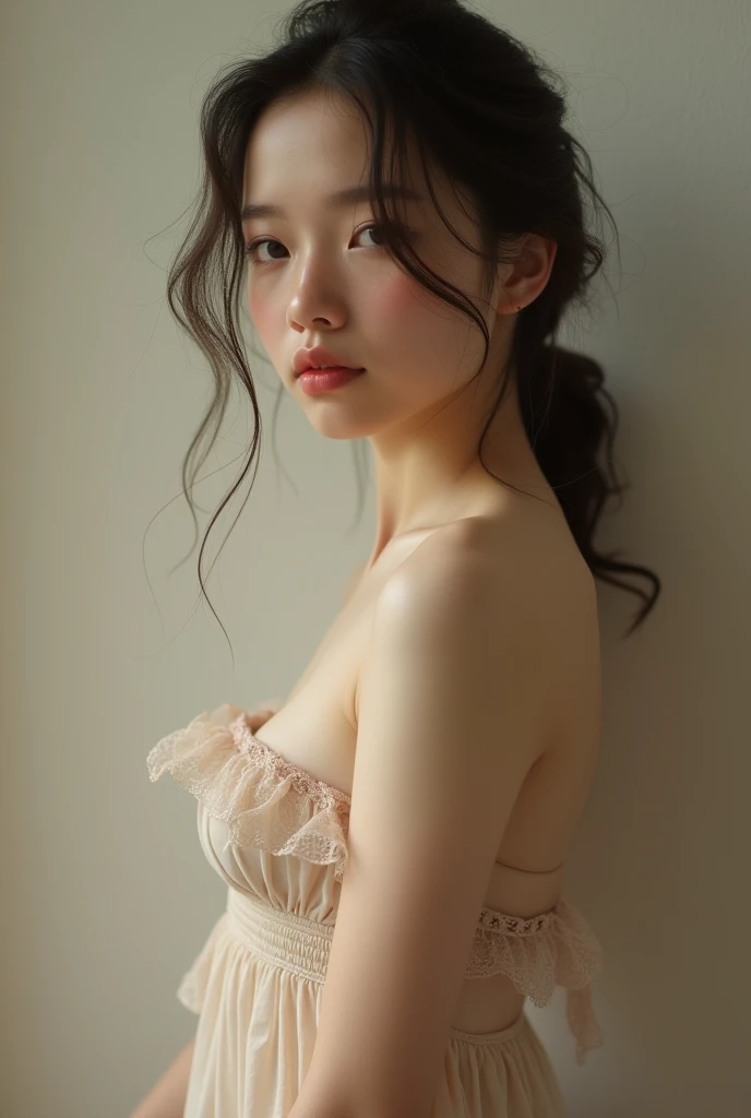 Full body photo、live-action、Japanese、woman、clear、delicate、9 heads、tall、high school student、model、Waistline、Beautiful body lines、Small breasts、Small chest、Private Server、Sweet々system、cute、strawberry pattern bra、Side view、I can see the side clearly、Hurrah