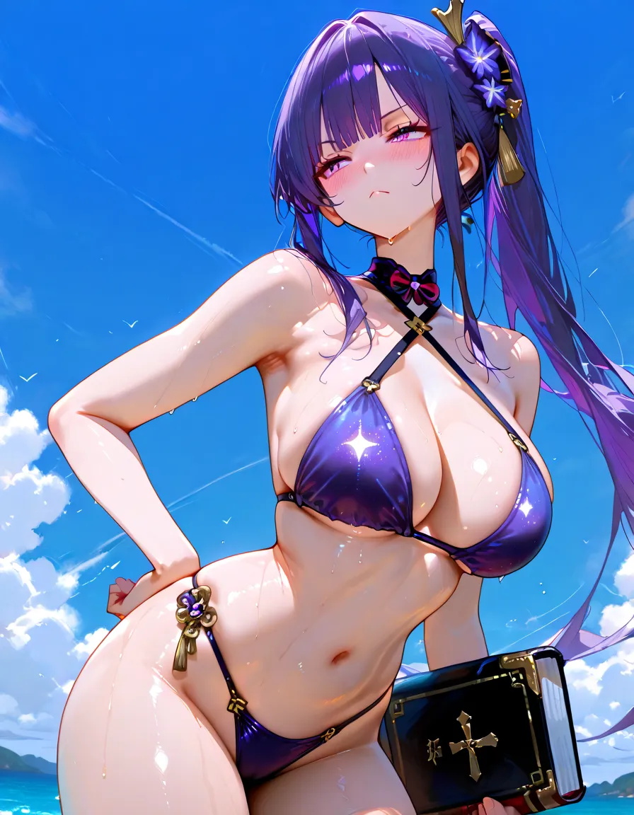(beautiful detailed eyes,beautiful detailed lips,extremely detailed eyes and face,longeyelashes),illustration, beach, Raiden Shogun,bikini,ultra-detailed,photorealistic,vivid colors,portrait,beach,lush greenery,sparkling blue ocean,sandy shore,umbrella,swimming, joyful laughter,sunshine,seashells, coconut trees,crystal-clear water,surfing,surfboard,sunscreen,seagulls,summer breeze.