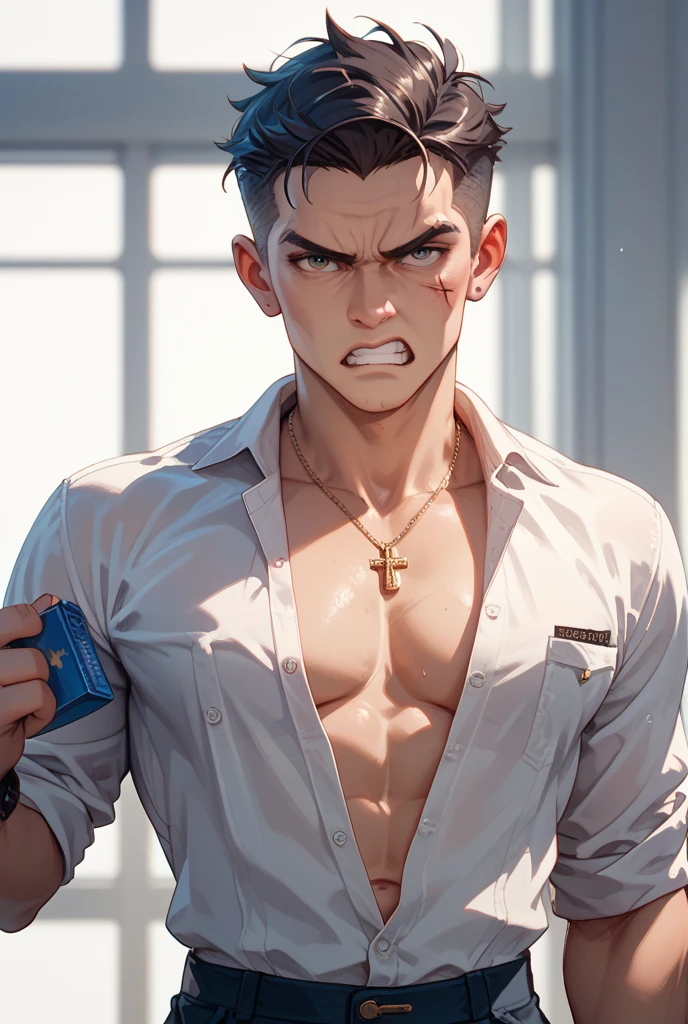 ultra-detailed, masterpiece, best quality, highres, extremely detailed, nsfw, (solo shoot:1.5), (1boy:1.5), man, (lean guy:1.5), short hair, work clothes, open shirt, bottomless, torn clothes, drunk, (restrained:1.5), shackles, handcuffs, gagged, bondage, cum on body, strobe lighting, spotlight, 