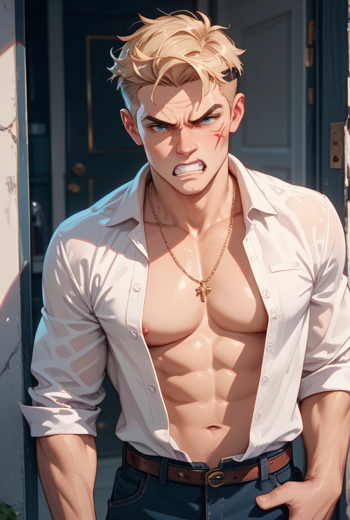 Close up, there's a naked teenager man with torn underwear, captured, topless, Sexybody, Muscular, veins, full body, anthropomorphic, extra detailed body, detailed body, Best quality, masterpiece, ultra high res,detailed background,realistic, real shadow and light, depth of field, (hanging hands above head), (look at viewer), topless, open mouth, yellow eyes, collar, chains, sweaty, torn underwear, sweat, hands tied by chains, chain leash, huge bulge, huge crotch.