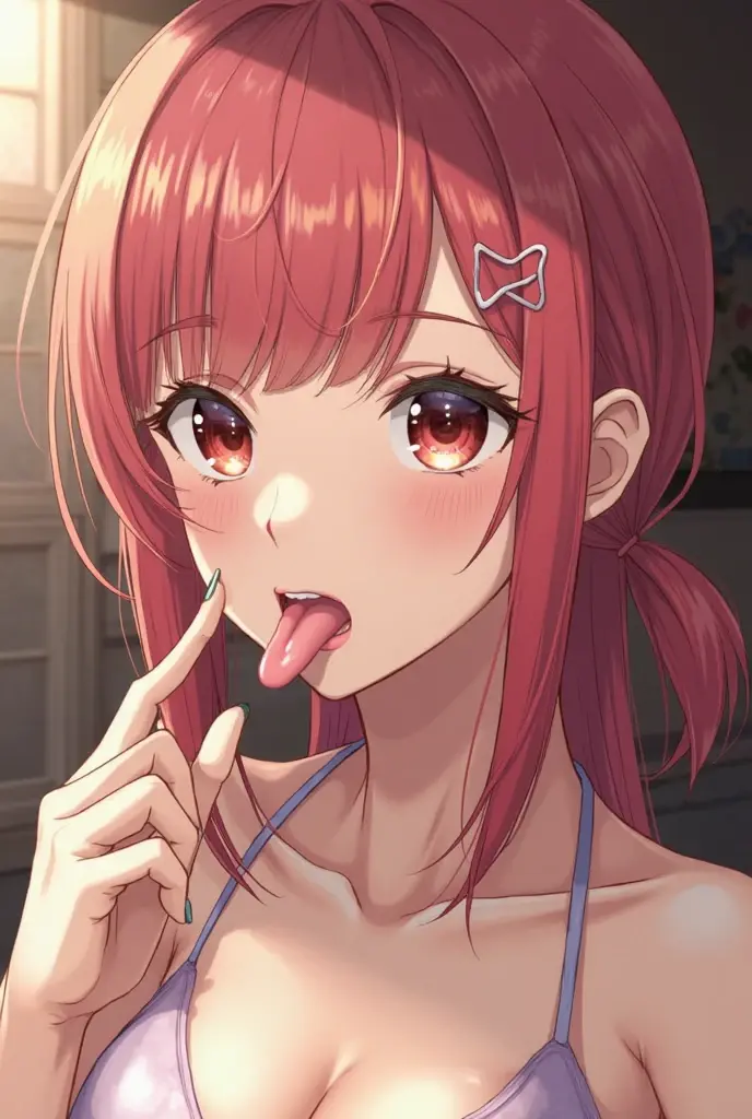 A large amount of white liquid all over the body on the chest and tongue, taken from the front, red-haired twin-tailed woman with upper eyes, solo, delicate face, long eyelashes, (red eye: 1.3), medium cleavage, tartan check, music room, angle from above, uniform, light blue underwear, sweat, thin, mouth wide open, tongue sticking out, crawling on all fours, large amount of white yogurt on chest and tongue