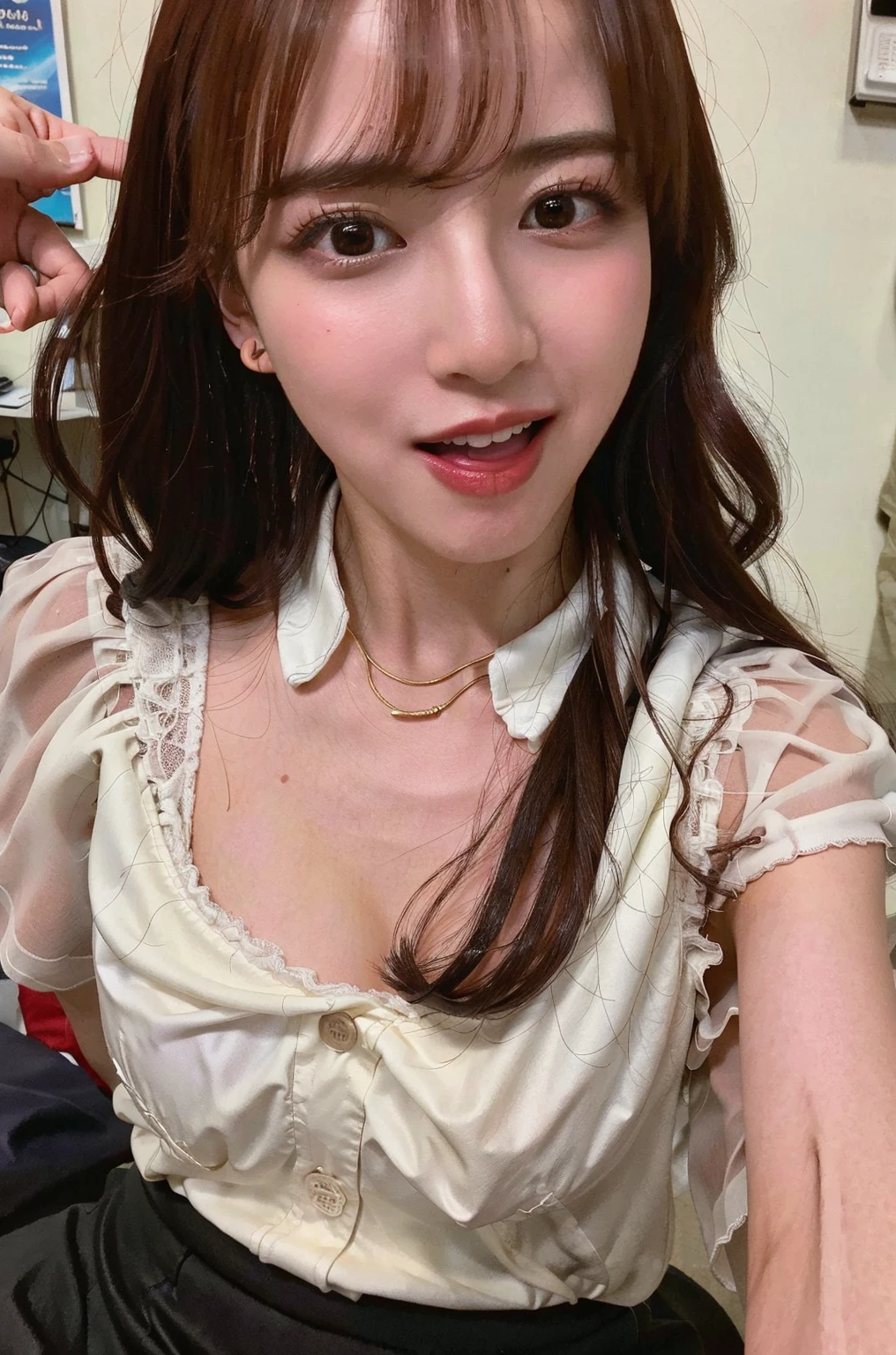 (((Shoulder-length hair:1.4))).((Silk collared shirt、Are standing、Medium Hair、服の上からでもわかるBig Breasts、Both hands are in front of the belly button、A photo of panties visible through a short polo shirt、Roll up your shirt with your hands、She is wearing a white polo shirt and luxurious white panties.、:1.4))、In the living room、Cream Hair Color、Her huge breasts are obvious even through her clothes...、Small earrings、Light brown hair color、:1.4))、Shiny Hair、Light beige hair color、Background Blur、Light brown hair、{{Cowgirl Shot}}、((Close-up shot from the waist up、Big Breasts:1.4))、Big Breasts、にっこりsmile、服からでも分かるBig Breasts、Cowboy Shot、素敵なsmile、((Revealing clothing))、Full body photo、ring、Tuck your hair behind one ear、Silver Necklace、smile、Caustics、Highly detailed photos、Big Breasts、Super no makeup、(8K、RAW Photos、Highest quality、masterpiece:1.2)、(Realistic、Realistic)、1 Girl、((Big Breastsショートヘア、Looking into the camera:1.4))、Hair blowing in the wind