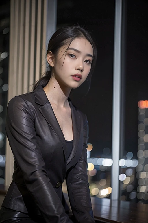 (Photoreal Stick:1.5, masutepiece:1.5, 8K), (top-quality, ​masterpiece, 超A high resolution), Perfect dynamic composition, Professional camera work:1.4, Highly detailed skin and facial texture:1.3, Mystical portrait:1.3, Grow Light Effect, The ultra-detailliert, 1girl in, ((Night view from inside the building, Pitch black room:0.8, The moonlight at night shines through the glass)), (V-neck shirt:0.8, black tailored suit suit jacket), Model body type, Clear face, (Beautiful and seductive eyes:0.8, Enraptured look:0.8, i love you completely:0.8), A mouthfeel that feels beautiful eros, Dark brown medium hair, the chest is medium, a necklace, ((Leaning against the window, seductiv))