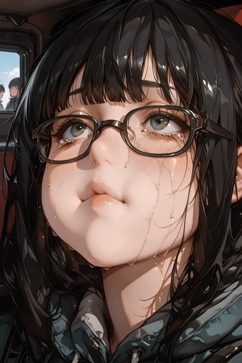 hyperrealistic,1woman,mature woman,blowjob,woman,black hair,face focus,sweaty,,bow tie,dress shirt,,at nightclub,cum,detailed skin,happy,short hair,looking at viewer,teary eyes, in mouth,pov blowjob,(peace sign),black glasses,cum on glasses,open mouth