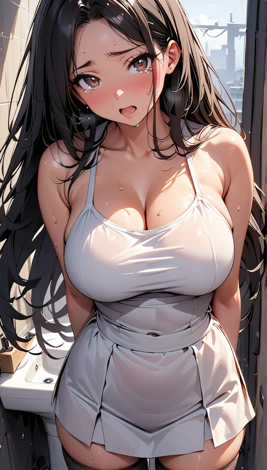 masterpiece,8K,Highest quality,Ultra-fine Illustration, The whole body is visible,Highly detailed face, Fine and glowing skin,Big eyes), (Long, straight black hair, Big Breasts: 1.2), (Shooting from below,Downward), Pretty face, 21 year old Japanese,Camisole dress,Lift up the skirt,Purple see-through panties,Big eyes, double eyelid，Embarrassed look,In the city, Covered nipples