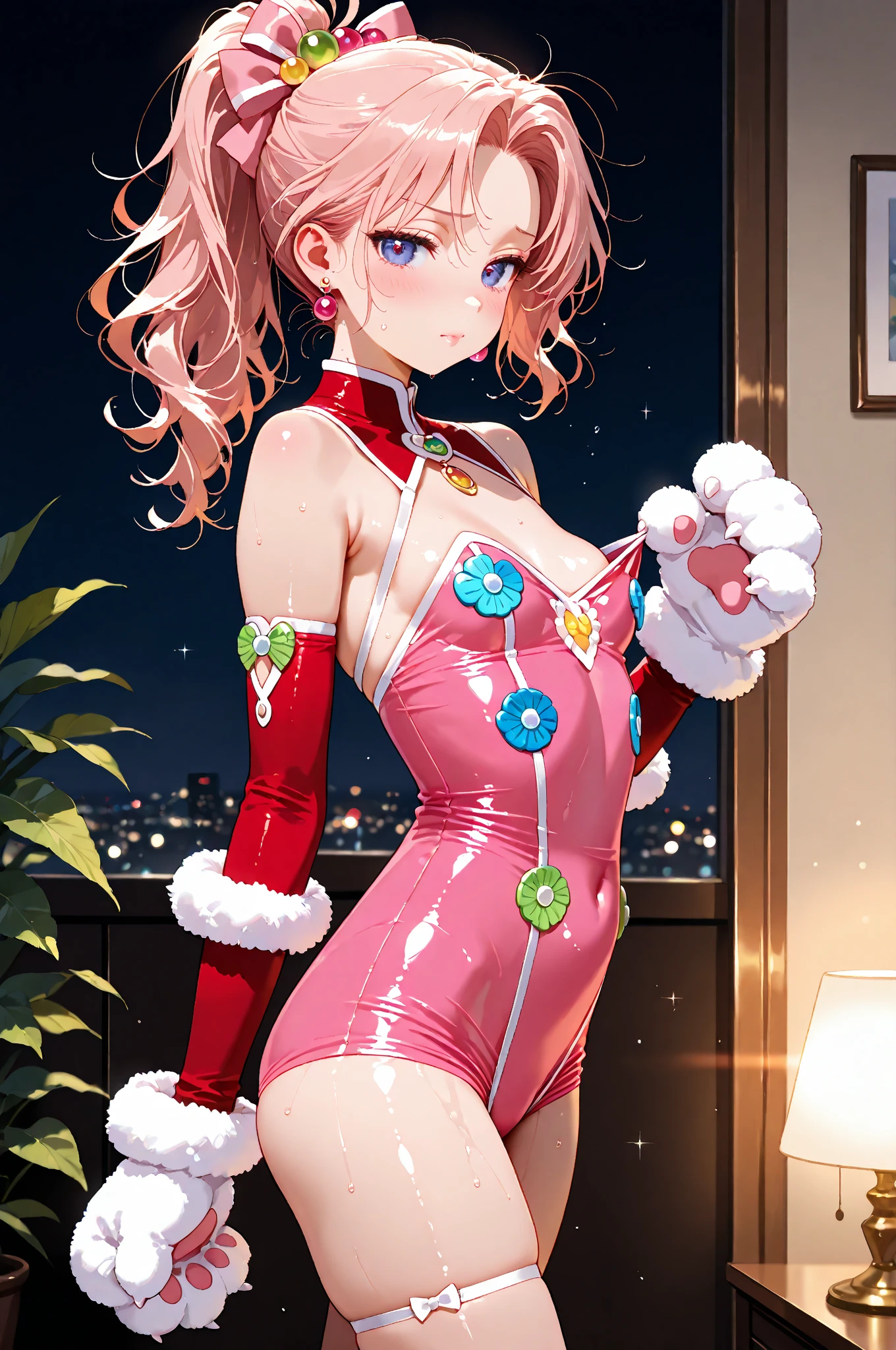 (RAW photo, best quality, masterpiece:1.2), (realistic, photo-realistic:1.4),(masterpiece:1.4),(best quality:1.4),1girl, solo, :d, animal ear headphones, animal ears, arms up, bangs, blush, bodysuit, breasts, bunny pose, clothes writing, covered navel, cowboy shot, cropped jacket, fake animal ears, gloves, outdoor,morning,snow, hair intakes, headphones, impossible bodysuit, impossible clothes, jacket, large breasts, latex, latex bodysuit, long hair, long sleeves, looking at viewer, large breasts, multicolored gloves, open mouth, pink bodysuit, pink eyes, red eyes, red jacket, shiny clothes, shrug \(clothing\), sidelocks, skin tight, smile, thigh gap, thighs, twintails, very long hair, white gloves, white hair,alice \(nikke\),(shiny skin),realistic,