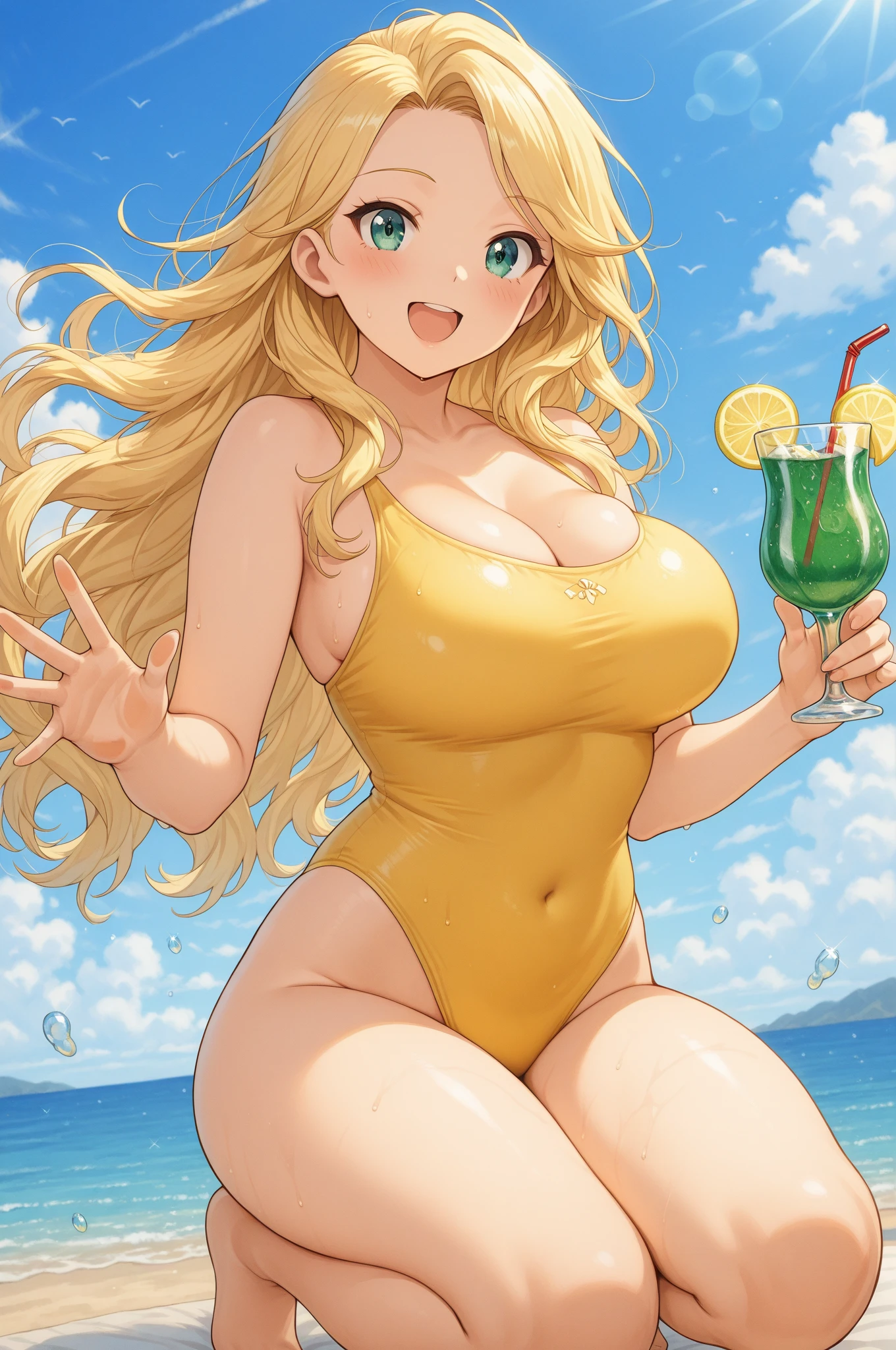 1girl, solo, alluring 36-years-old woman, standing at approximately 5'1" tall, ((slim, petite)), tan olive skin, long blonde hair, emerald eyes, eyeshadow, mascara, red lipstick, ((Wearing a flossing green bikini)), she's looking at the camera with a calm smile, walking, ((holding a beer can in one hand)), beautiful beaches, palm trees, beach resort, beach vacation, summer getaway,
