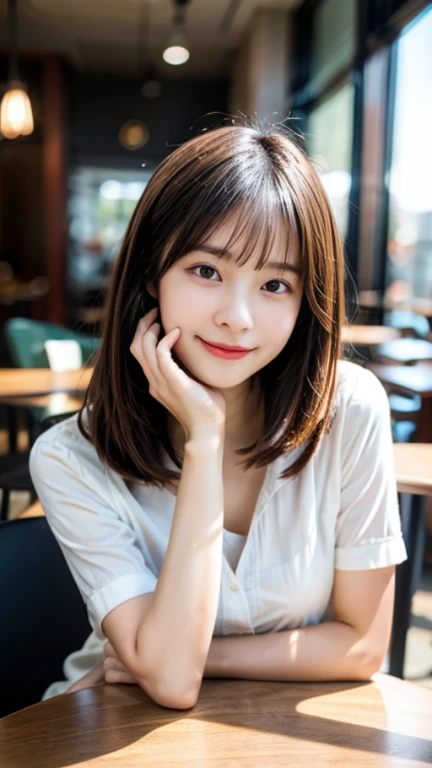 super high quality, Fashion Model, smile, Slenderのネックレス, Slender, The staff is working at the counter in the back., (8k、RAW Photos、Highest quality、masterpiece:1.2), Japanese Idol, Stylish café, (Realistic、Photorealistic:1.37), Bob Hair, Mesh Hair, Urban Cafe, Golden Ratio, Raw photo, Cute face , Light Brown Hair, Small breasts, Bright cafe interior, Blurred Background, Summer clothes, Beautiful hairstyle, Cafe Terrace, Open Cafe, Photographed inside the cafe, Hair blowing in the wind, boyish, T-Shirts, 18-year-old, younger sister,