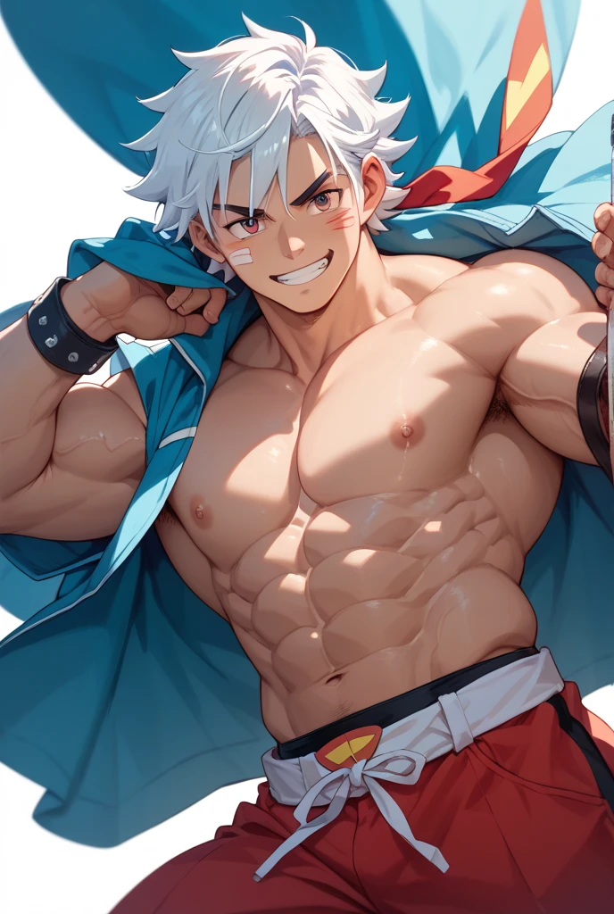 A mais alta qualidade de imagem，Pessoas do sexo masculino，1 homem，jovem e bonito，Arataki Itto，cabelo branco e vermelho，Cabelo liso curto，Pele escura，Anime peito grande，anime wallpaper，sozinho，Foco Masculino，Dilation of the pectoral muscles，Virilha saliente，Fundo Urbano，Espalhe as pernas, (master part, best quality) ，without the shirt, flexing your muscles, Fazendo cara de safado, Big chest, Hot abs