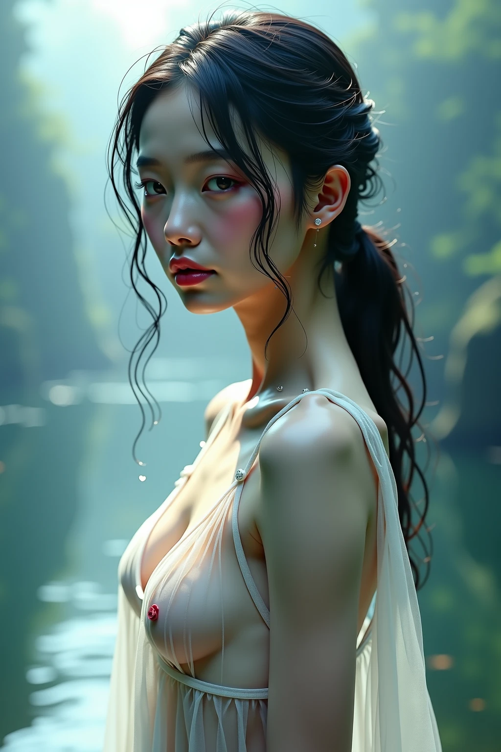 best quality,4K,8ก,high resolution,table top:1.2,very detailed,(realistic,realistic,Virtual image:1.37),,ภาพวาดที่very detailed,Sharp focus,Physical rendering,คำอธิบายรายvery detailed,professional,Lee Sawang,A young woman with fair skin and a Chinese Hanfu face., Exhausted from the young men who were engrossed in her maidenly hills;Her body was found by a young man in the forest at dusk.. A young man lifted her up and placed her on his waist in front of her.. A 39 year old young man;Her naked body is like that of the Chinese Tang Dynasty.. The atmosphere was dark with only the light of the moon shining through.. The two hugged and stared at each other.'Eyes with a face full of passion. There is light rain., She soaked her whole body., Attached to her body, Revealing a young woman'proportion, All the clothes came off.. Data on opening mouth in front of genitals