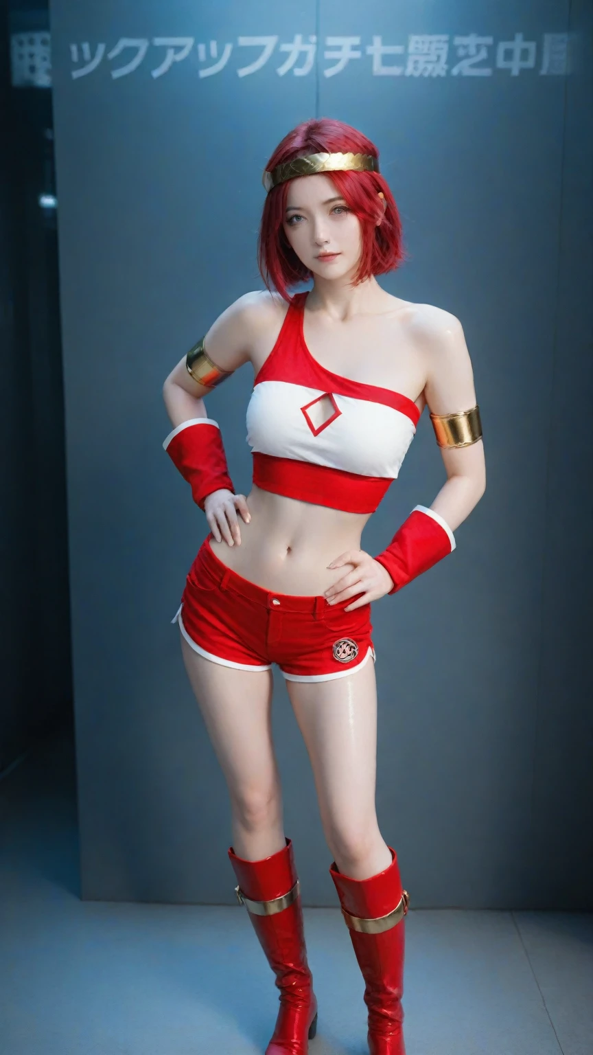 (masterpiece, best quality:1.2), <lyco:dirtypair_kei-11:1.0>, cowboy shot, solo, 1girl, dirtypairkei, dark skin, dark-skinned female, grin, looking at viewer, hands on hips, uniform, crop top