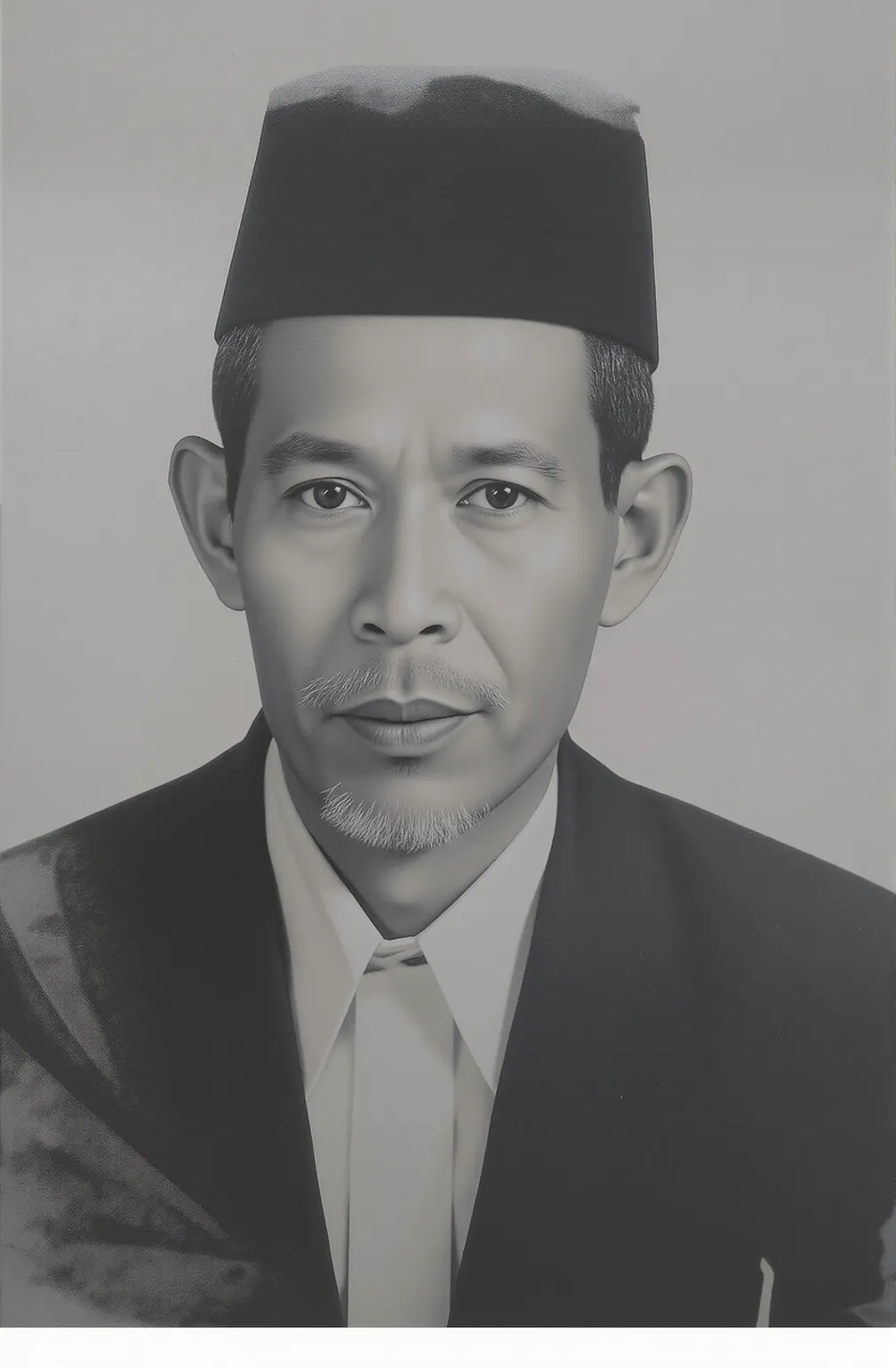 Indonesian Muslim man, aged 40 years or over, wrinkled brown skin, wearing full kanigaran clothes, and a head covering with the feel of a great king, thick mustache, clear eyes, thin upper lip and thick lower lip. Oval face shape, realistic HD quality images