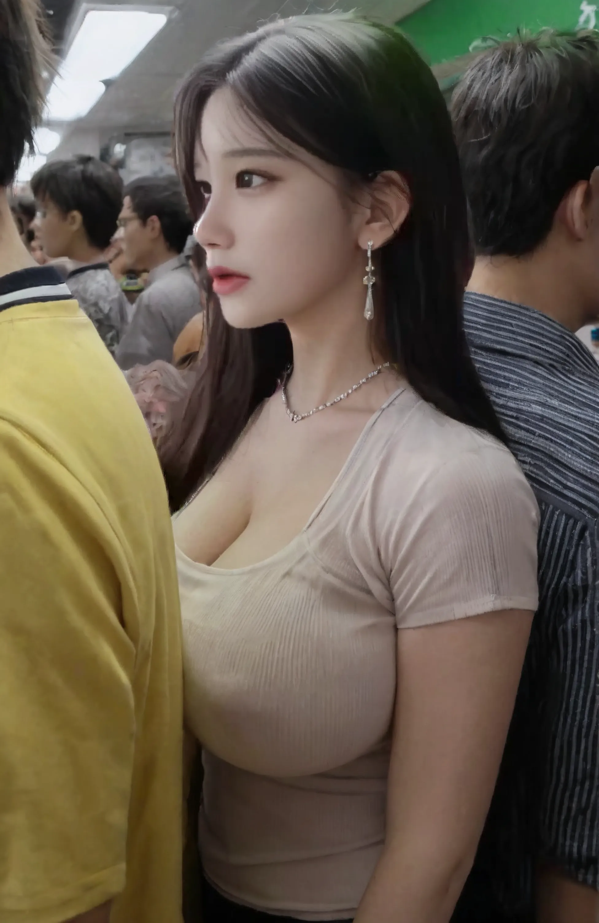 (a busty korean adult model, flowy blonde hair, natural colossal breasts, long legs, naked, nude, high heels, spread legs, masturbating with the hands, hands in the crotch closed eyes and opened mouth, armpit), in crowded train, several men hug from behind and other men picking her up on their lap, picking her up, photorealistic, 8k, highly detailed, cinematic lighting, dramatic composition, chiaroscuro, moody atmosphere