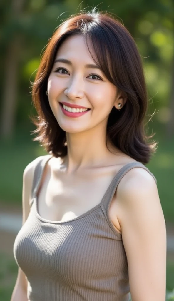 最high quality, In 8K, Masseter region, real, Sharp focus, high quality, High resolution, Detailed face, Fine grain, Thick lips, Background Blur, alone, Full body photography, Middle-aged women, , 65 years old, , Wavy Hair, , Wearing a plain short-sleeved knit, Sitting on a park bench, Wrinkles around the eyes, Smiling with teeth showing