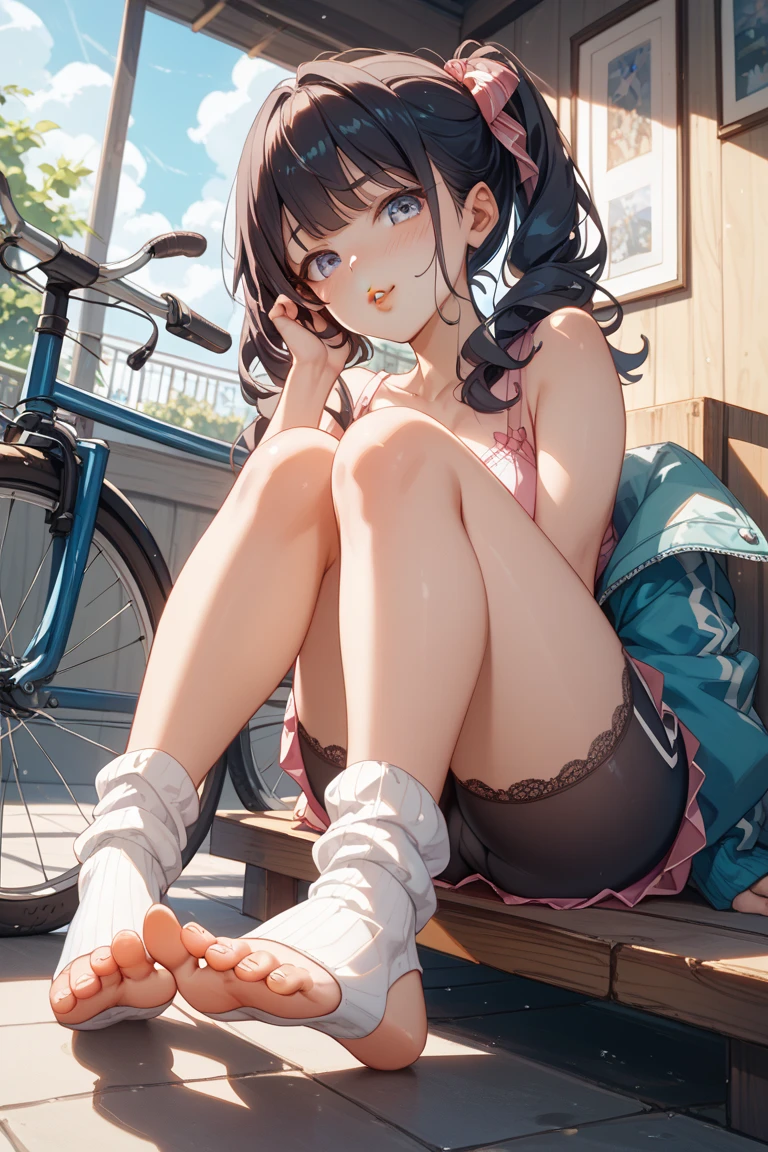 girl with、panties small、opens legs、lighting like a movie、embarrassed from、laying on back、Open your crotch、Light blue underwear、Hand bra、In the street、