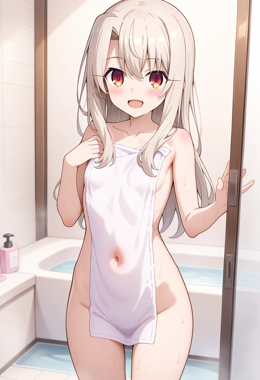 masterpiece, best quality, ultra-high-detailed, Disgusted face, white hair, red eyes, sigtuna julie , small breast, navel, ,Sweat, Warm body, hot body, A lot sweat , more sweat, hot temperature, , sweating, looking to viewer, deep eyes , evil smile, Sweated a lot, warm room, White wet t-shirt, Showing bra