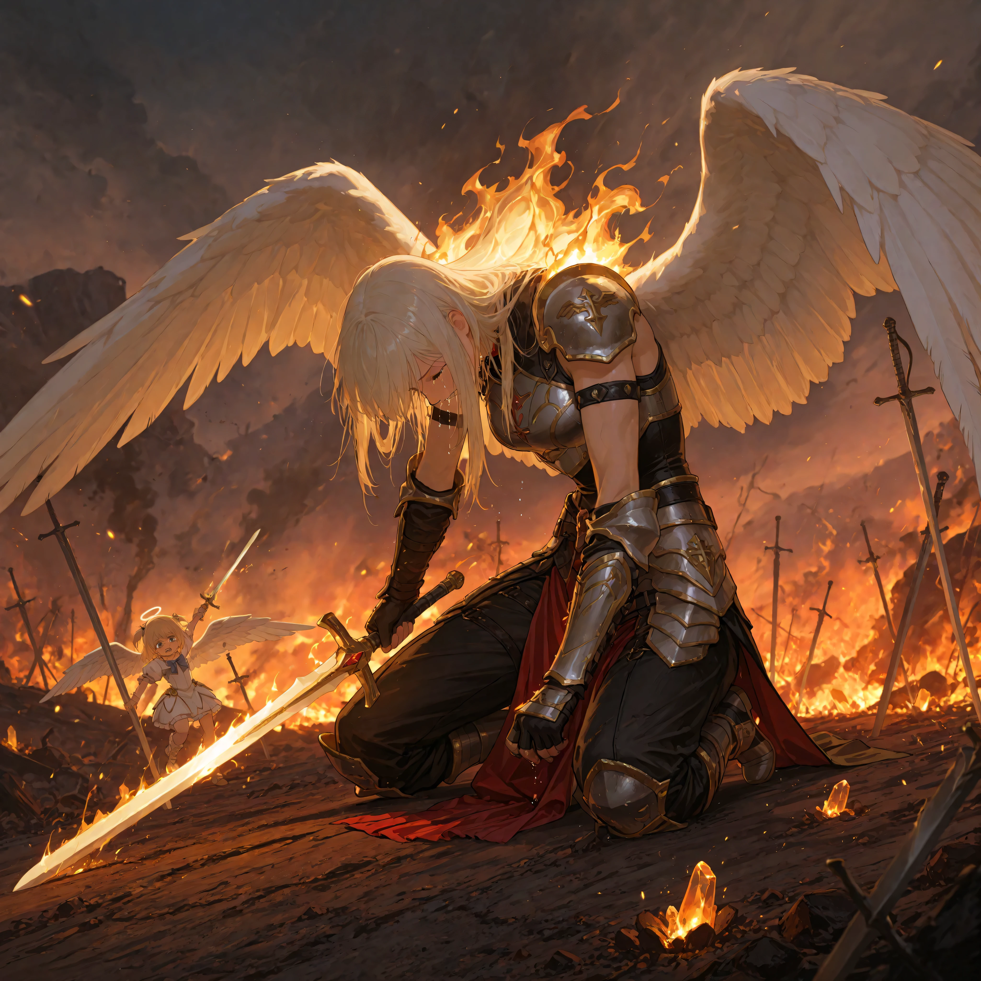 Judgment Day, a little girl kneeling on the ground, crying while a huge white angel is standing behind him, the angel's wings are huge and legendary, wielding a white sword of flaming crystals, apocalyptic setting, fogo e trevas, burning skies , angel in shining mythical armor, the angel touches the child's shoulders while wielding the legendary sword, ultra HD, Mythical setting , 4k, detalhes, Warrior Angel flying,