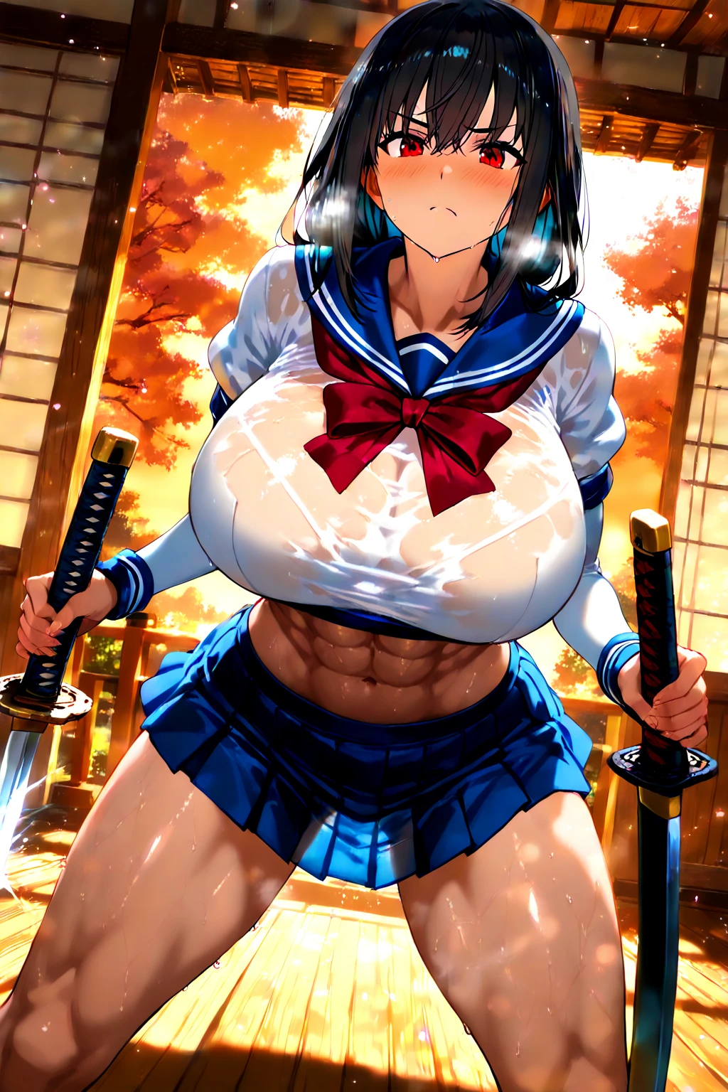 8K,master piece,anime,Perfect Anatomy,Suguha Kirigaya,1female,crossed eyes,(rolling eyes),open mouth,(tongue out),(crying),short sleeved white sailor suit,underboob,(((pull down))) a micro pleated skirt,((groin)),short hair,(huge perky breasts),(Very small waist and slim body)