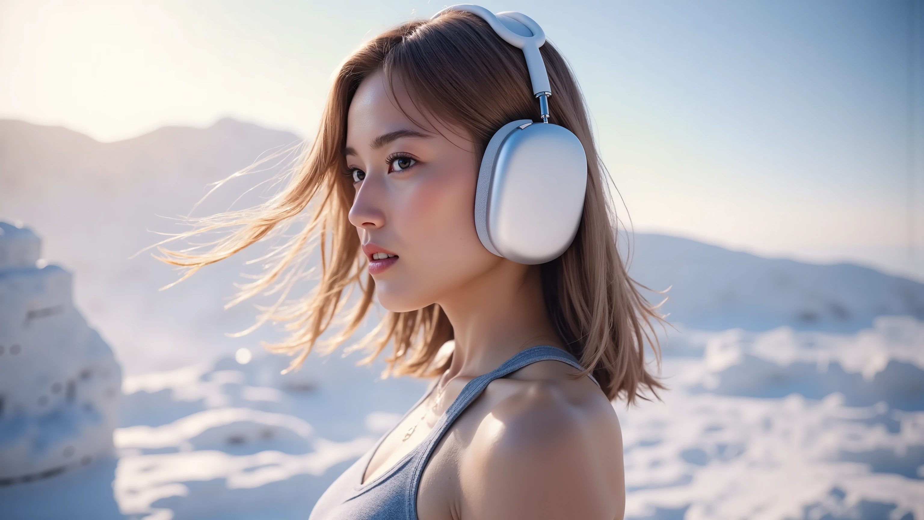 A beautiful athletic woman wearing headphones, glowing skin, slightly surreal lighting, futuristic atmosphere, soft dreamy background, full body shot