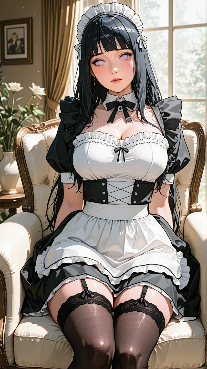 (top-quality)、(detaileds)、(1 girl in)、Colossal tits、livingroom、looking at viewert、Beautiful green eyes、A dark-haired、detaileds、maid clothes、black and white maid uniform、Highly exposed、Bend over in a deep valley、embarrassed from