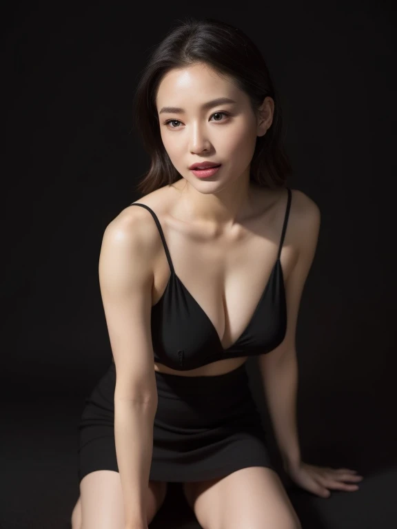 Top image quality、Beautiful Japan woman in her 30s、Excellent style、Stand with your legs open、JINS、thighs thighs thighs thighs、Shiseido、Professional Lighting、Professional Photographer、Focus on the eyes、In a dark black room