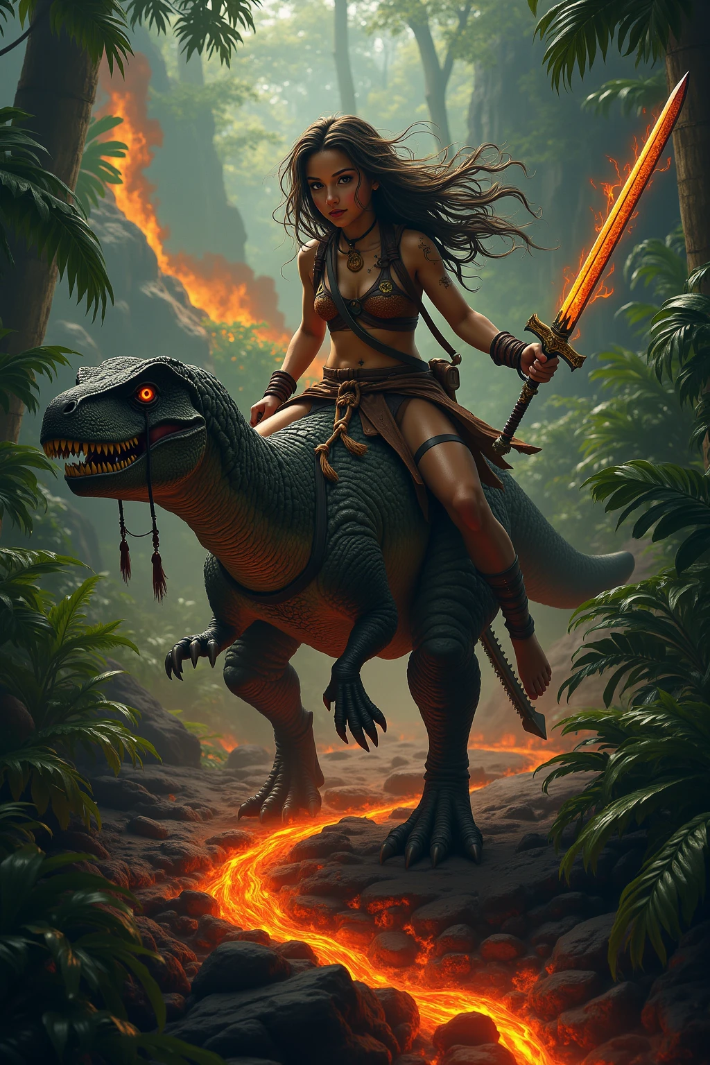 <lora:k3nk3lly:0.75> woman in tribal bikini next to a creature on a chain