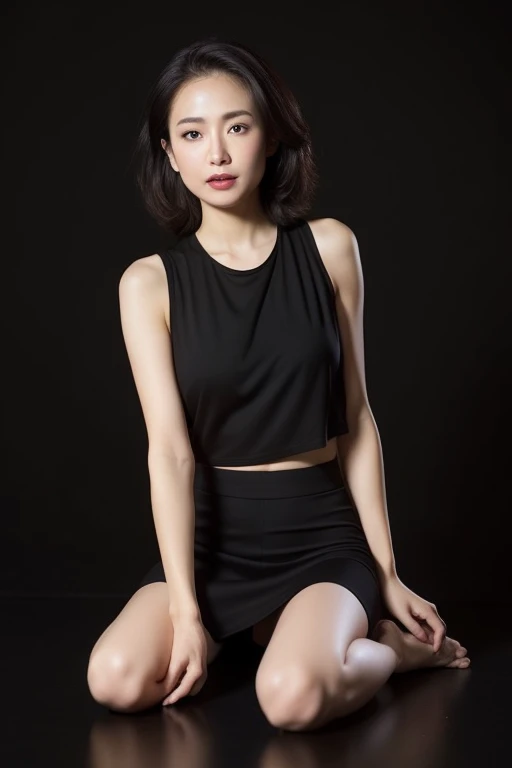 Japanese,mature, (alone), 30 years old, (double),whole body,short hair, Glamour, Pure white skin, Photographed from the front,Observe the audience、(Black Tank Top)、(Black Pantyhose),Black high heels、In front of a white wall、Squat,With legs apart