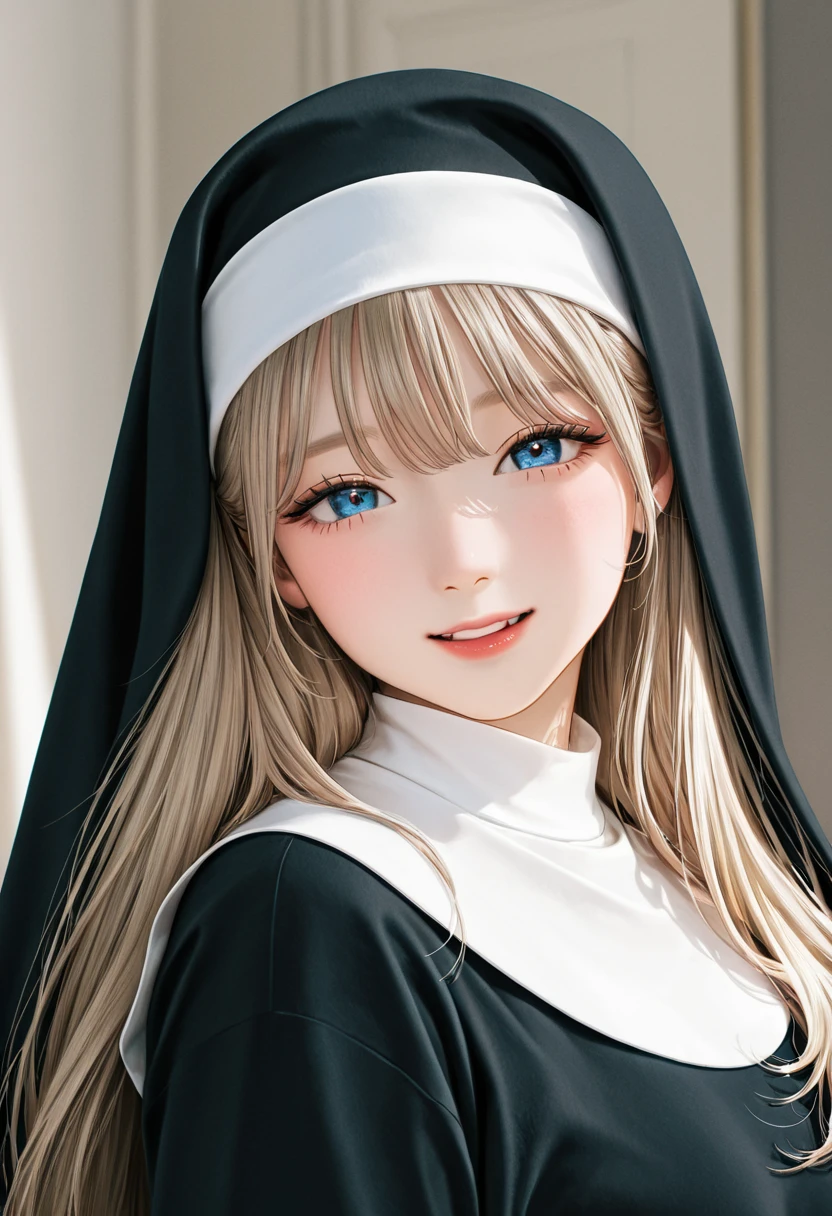 high quality、masterpiece、A girl dressed in a nun's habit.、Her hair is blue、Gray Eyes、pretty girl、smile