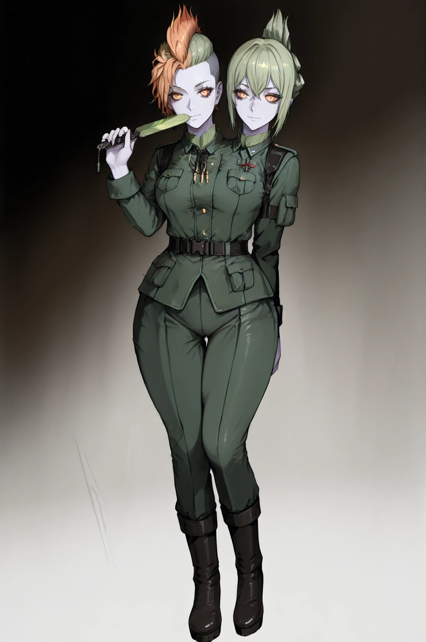 masterpiece, best quality, amazing quality, very aesthetic, high resolution, very aesthetic, hyper-detailed,rating_explicit, fan art, nsfw, mature beautiful woman, two-head monster girl, ginger hair, mohawk haircut, medium breasts, wide hips, pale skin,full body, sensual green uniform, fantasy theme, frontal view  