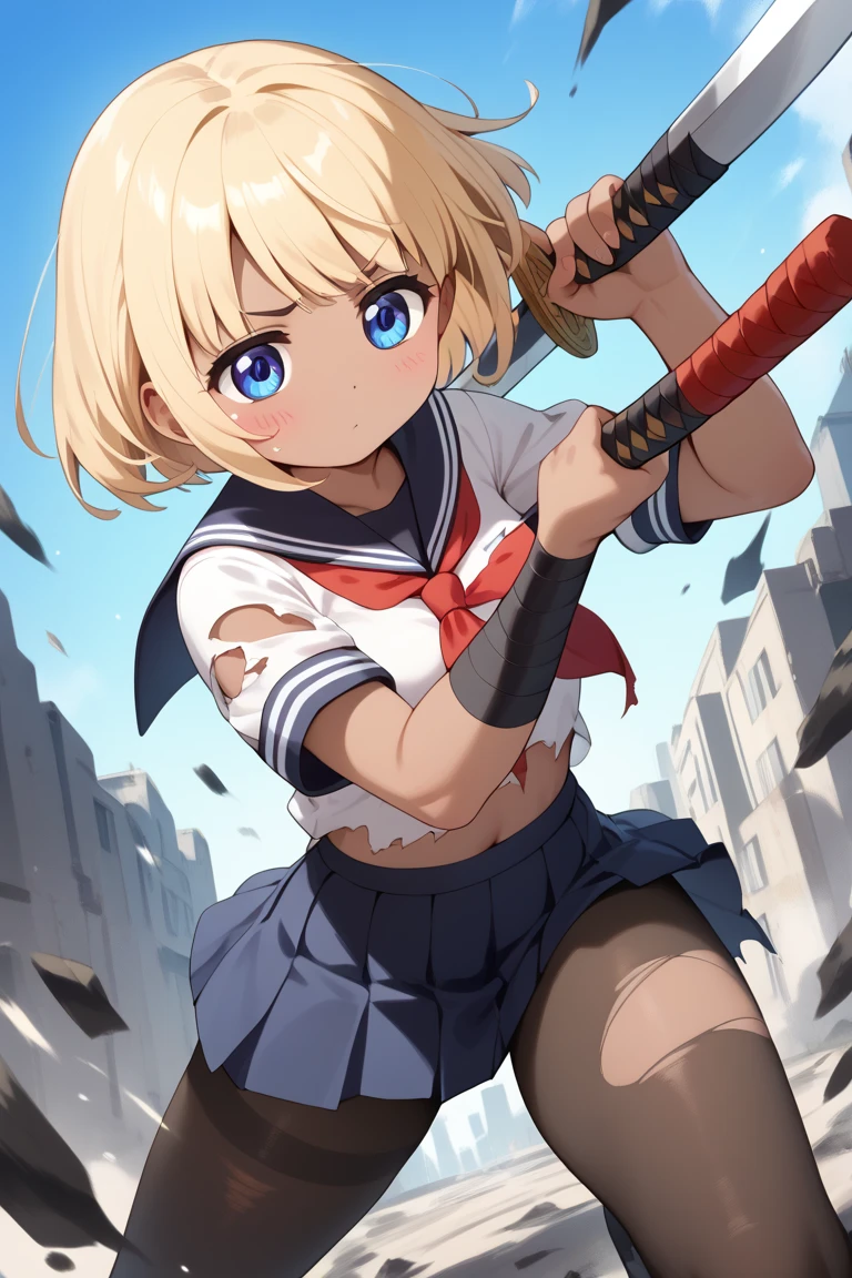 masterpiece, top-quality, best quality, ultra detailed, solo, A detailed face, Himiko Toga, School uniform, blonde hair, Show your teeth and grin, blood on face, blood on clothes, dynamic pose, dynamic angle, full body