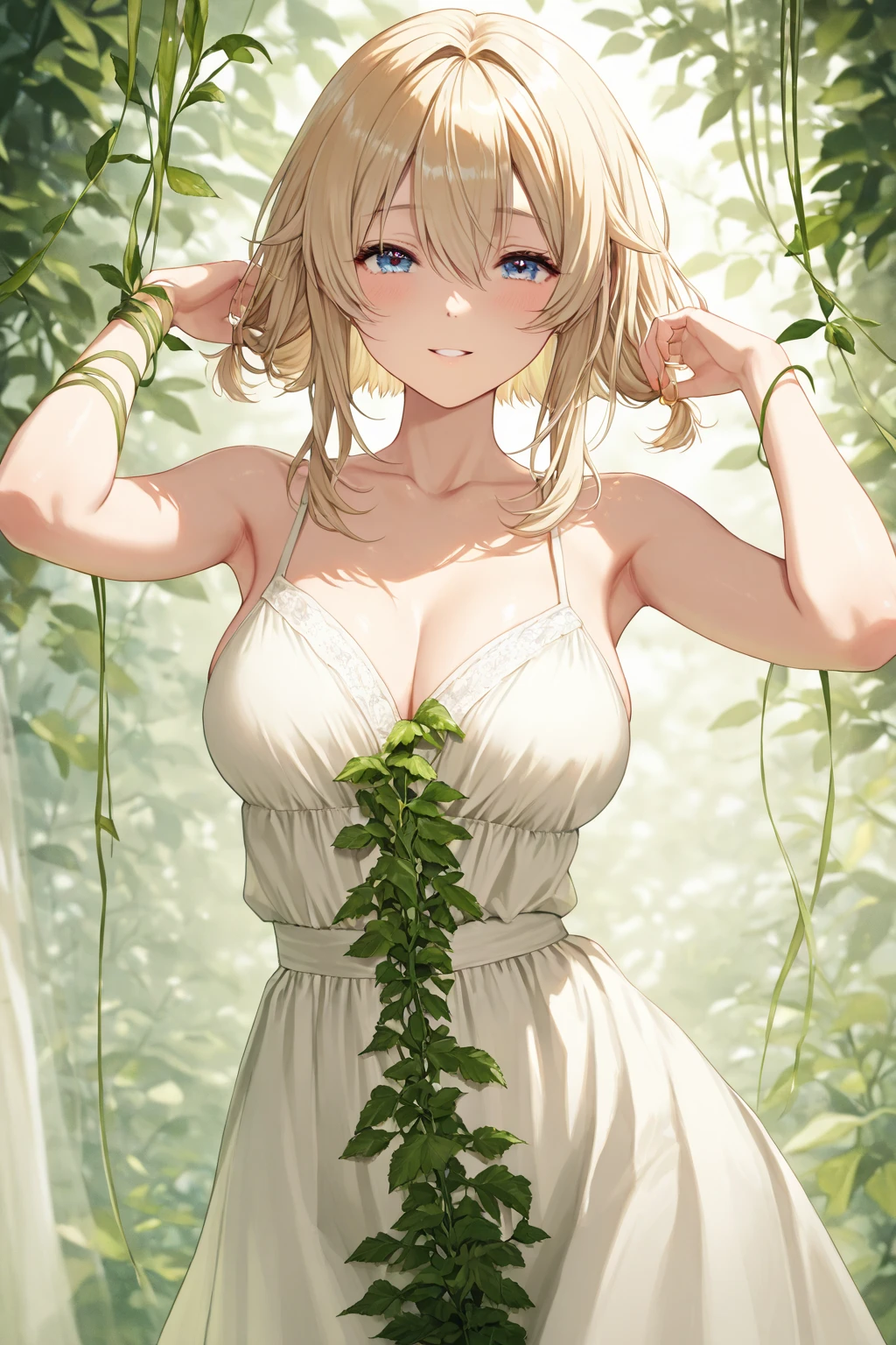 Plant bikini, flower crown, bare belly, big breasts, blond hair, red eyes