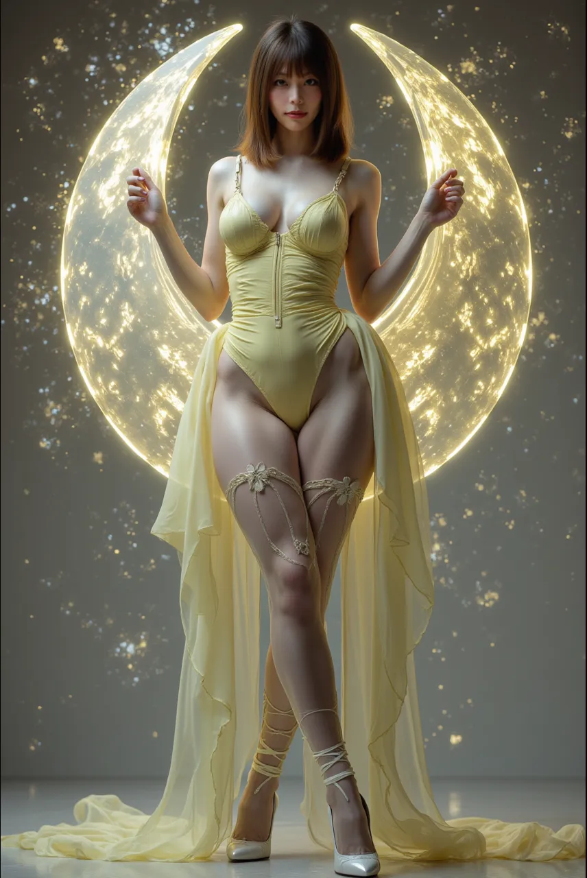 Masterpiece, a beautiful urban female model, full body yellow orange transparent clothes standing under empty night stars, disappearing transparent pants, full body standing, hourglass figure, slender legs, facial details, detailed body part details, 8k wallpaper, gigantic breasts, flowing clothes, blue clothes, closeup