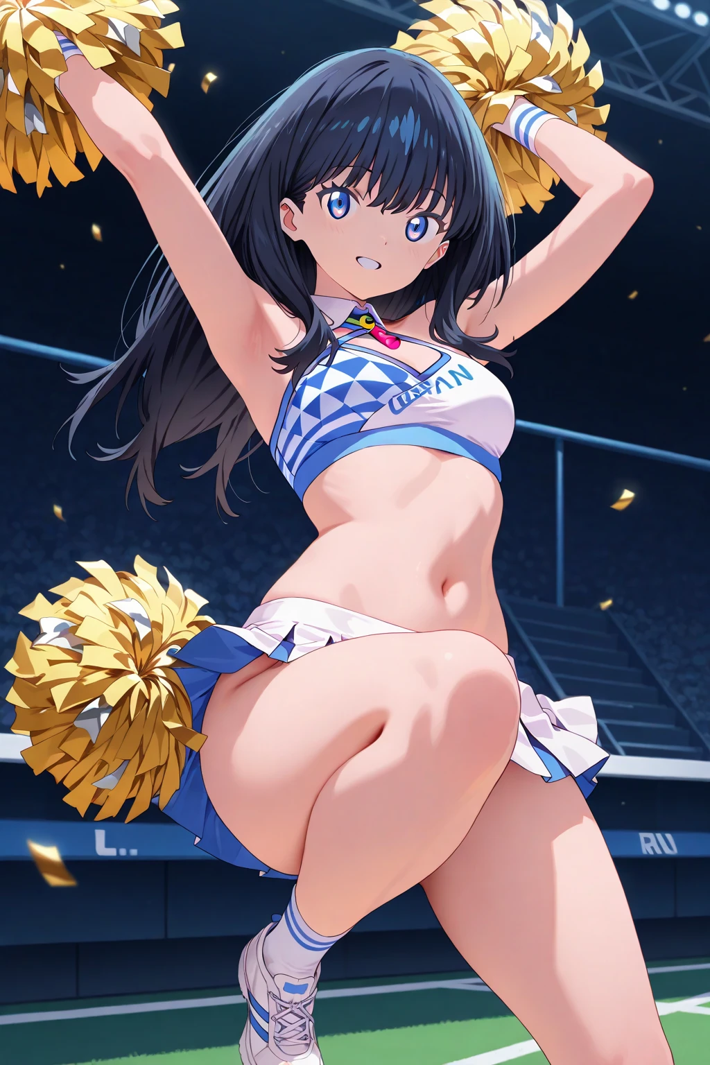 nsfw:1.2,(Ultra flat, Flat Shading), Honors Type, Really blushing, 17 years old, (Cheerleading match:1.5), Three Girls, Wear White (High cut T-back bikini swimwear:1.5), Wedge Shape:1.5, Camel Toe:1.7, Sneakers, Ponytail Brown Hair, Sweaty healthy body, My whole body was soaked with lotion and sweat., barefoot, belly button, Ultra-realistic, Wind, In crowded public places, (From below:1.5)
