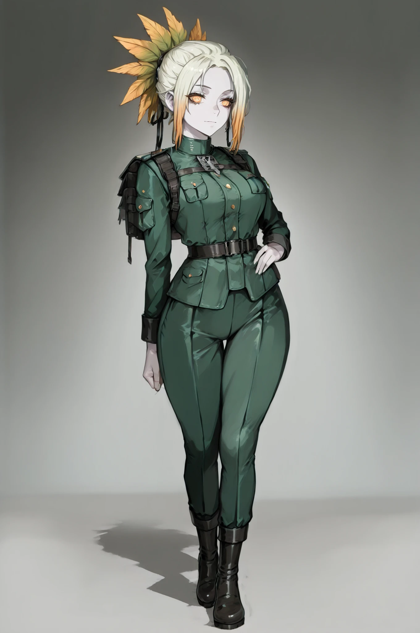 masterpiece, best quality, amazing quality, very aesthetic, high resolution, very aesthetic, hyper-detailed,rating_explicit, fan art, nsfw, mature beautiful woman, two-head monster girl, ginger hair, mohawk haircut, medium breasts, wide hips, pale skin,full body, sensual green uniform, fantasy theme, frontal view  