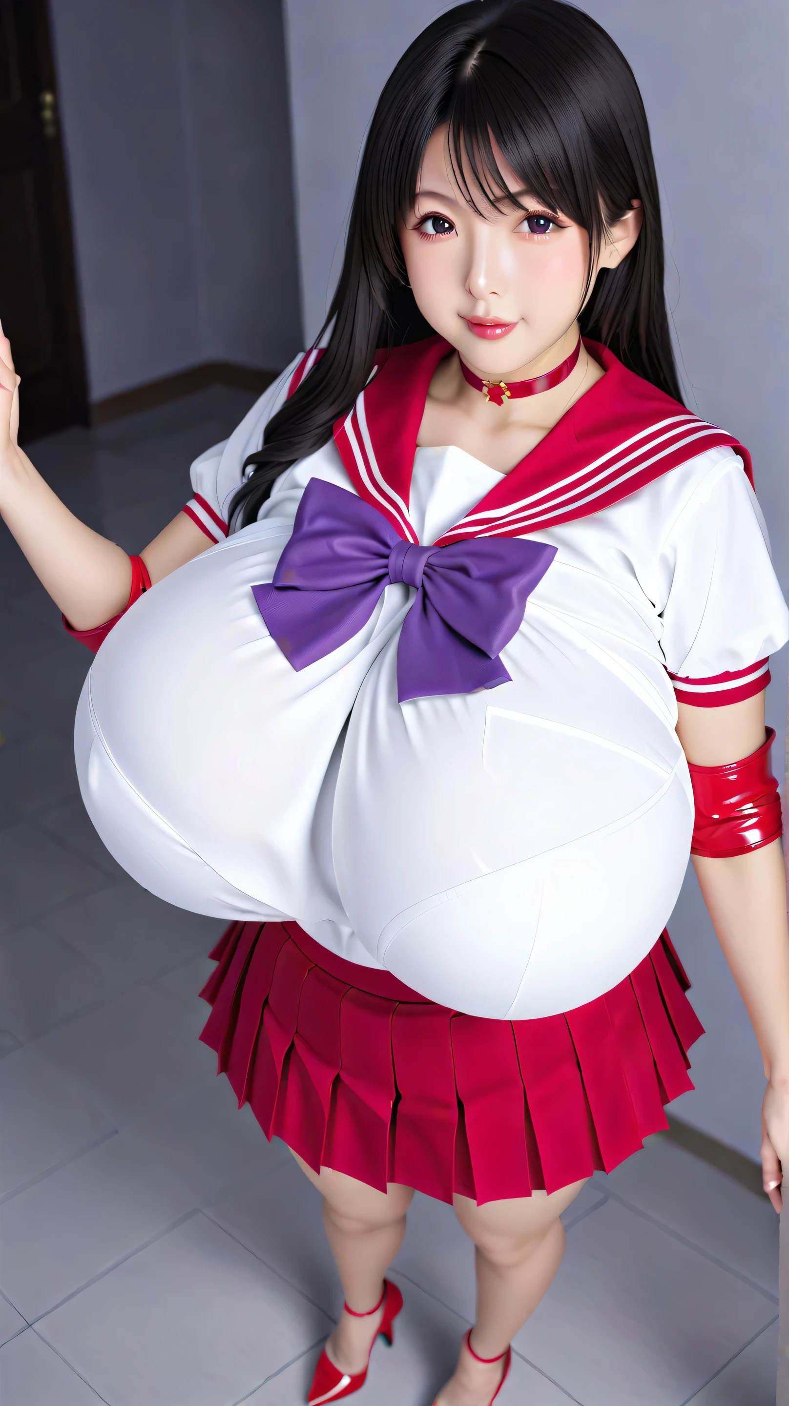 (8K, RAW photo, highest quality, masterpiece, realistic, detailed face, fine skin, Warm color temperature, high angle shot, center view, looking at the viewer:1.2), (full body shot, Front view, straight:1.5), (alone:1.5), 1 girl, (Ople:1.5), beautiful japanese , wear (Sailor Moon costume:1.3), (elbow bag, Shocking pink ribbon with a heart brooch in the center, shocking pink choker, shocking pink sailor collar, Shocking pink pleated micro skirt:1.3), snug, No bra, (walk:1.1) towards the audience, (huge saggy breasts:1.4), covered nipples, (impossible clothes:1.2), (low length:1.3), Height: 140cm, dwarf, slim, (Short arms and legs:1.2), brown hair, (short hair, bob:1.3), amount, Dull color, earrings, Rikkyo University Campus, (night:1.2), smile