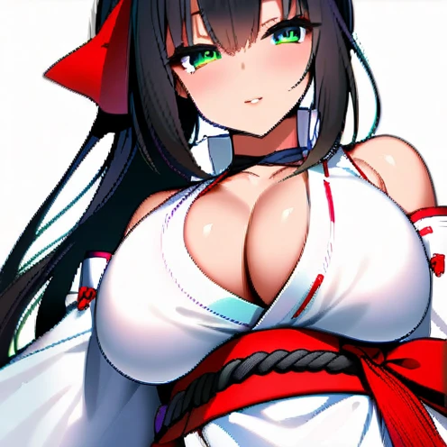 https://static.senpri.com/img/card/bustup_l/a455cfb6dff18873c825b9321410c3.png?img=811, (best image quality, best, girl), one girl, girl in a ponytail wearing a red ribbon-shaped hair ornament, hair color dark brown, matching bangs, ahoge, ((vermilion around the eyes)), ((black eyes)), ((drooping eyes)), confidence, satisfaction, intimacy, (((expressionless)), (huge), (bandages wrapped around chest), (white loincloth)))), sexual expression, nudity, full body, very detailed, composition seen from below
