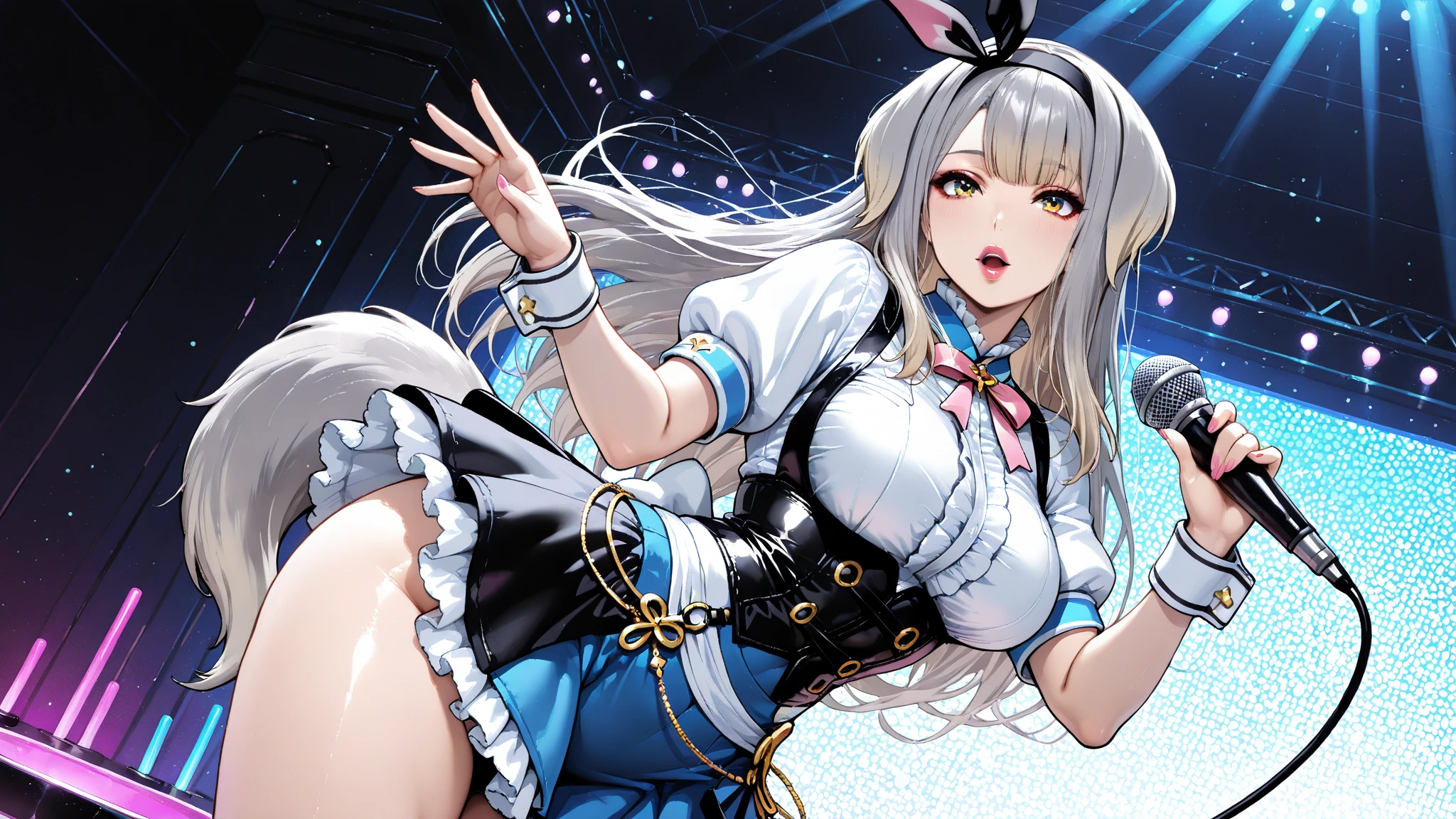 woman,20-year-old,,party venue,night,(((white bunny girl))),open mouth smile((leather thigh high boots))(garter belt),,blush、,((raise one leg))()