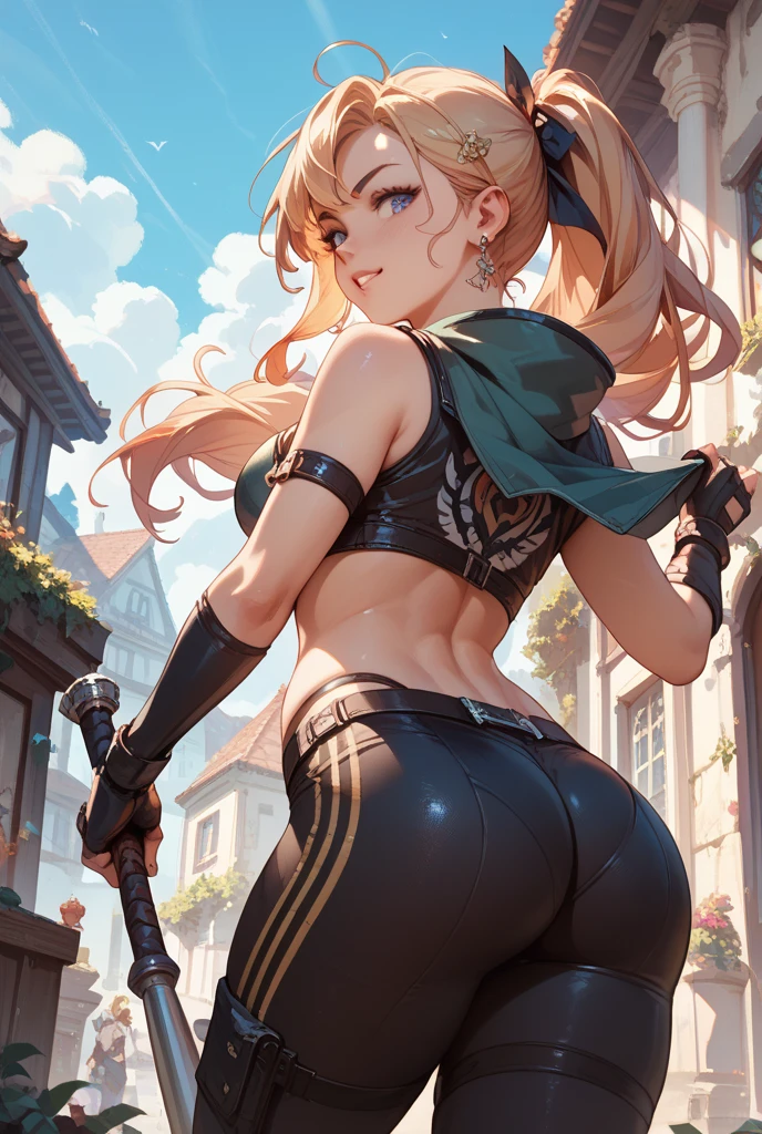 White tube top, white felt miniskirt, FOCUS CUTE FACE, MAKEUP, blonde medium wave hair, narrow eyes, blue eyes, countryside, wear black boots, with BLACK TATTOS in her body, FOCUS wear leather gloves, outdoors, blue sky, all body view. BACK VIEW. She is looking at the viewer.